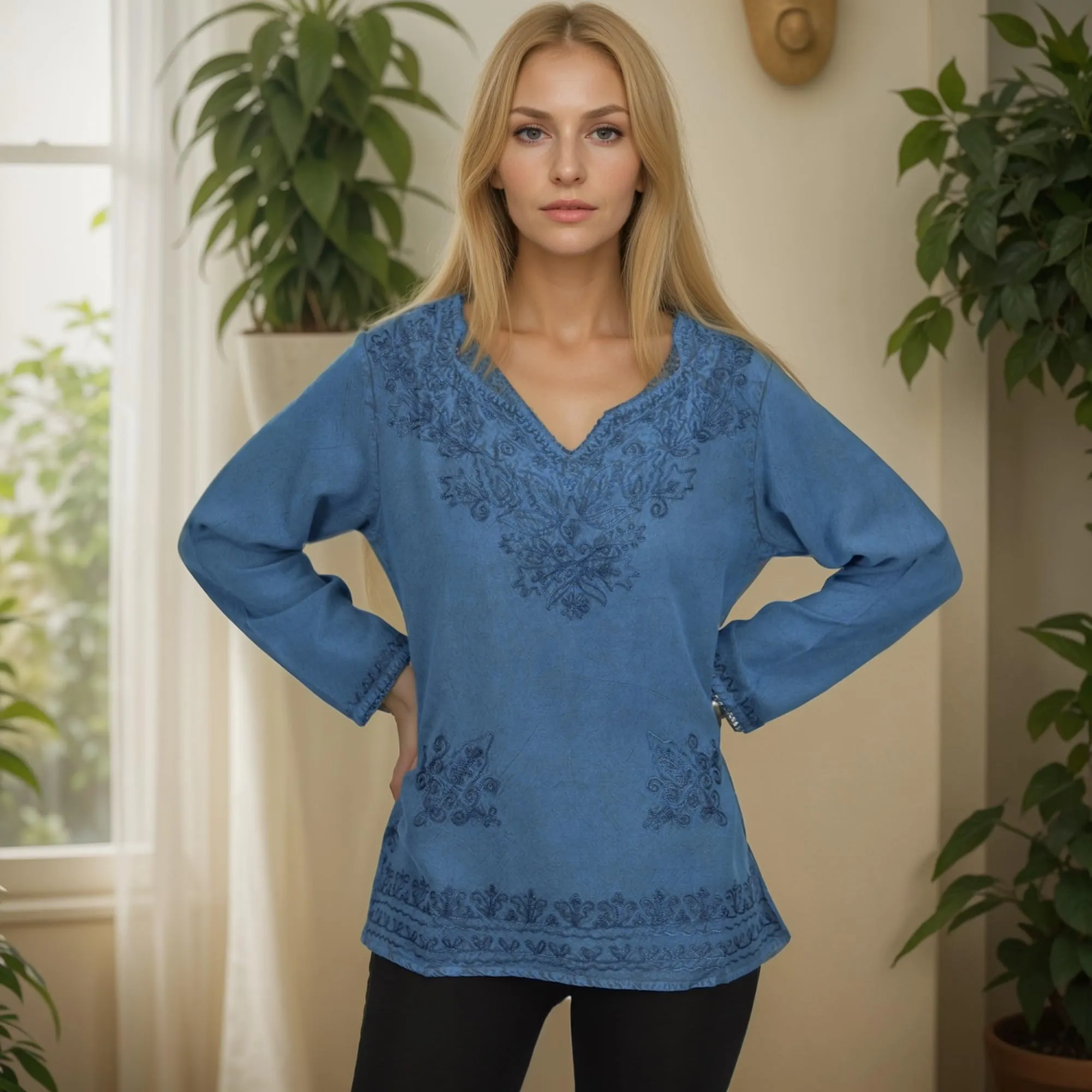 720 B Diamond Neck Renaissance Embroidered Blouse