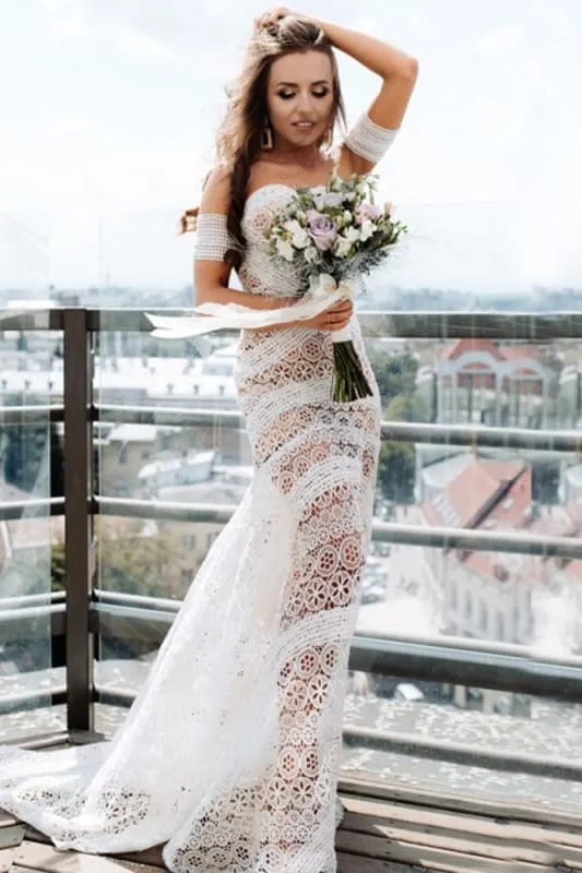 Amazing Sweetheart Neck Lace Beach Boho Wedding Dress