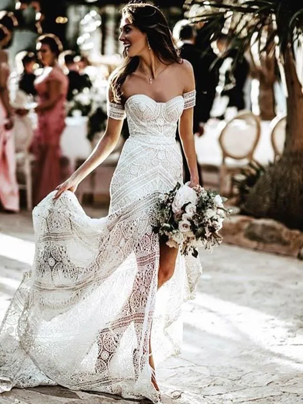 Amazing Sweetheart Neck Lace Beach Boho Wedding Dress