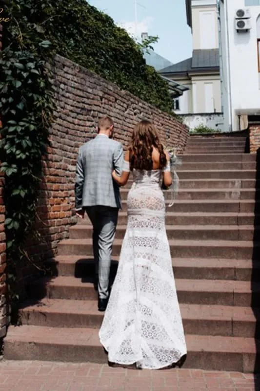 Amazing Sweetheart Neck Lace Beach Boho Wedding Dress