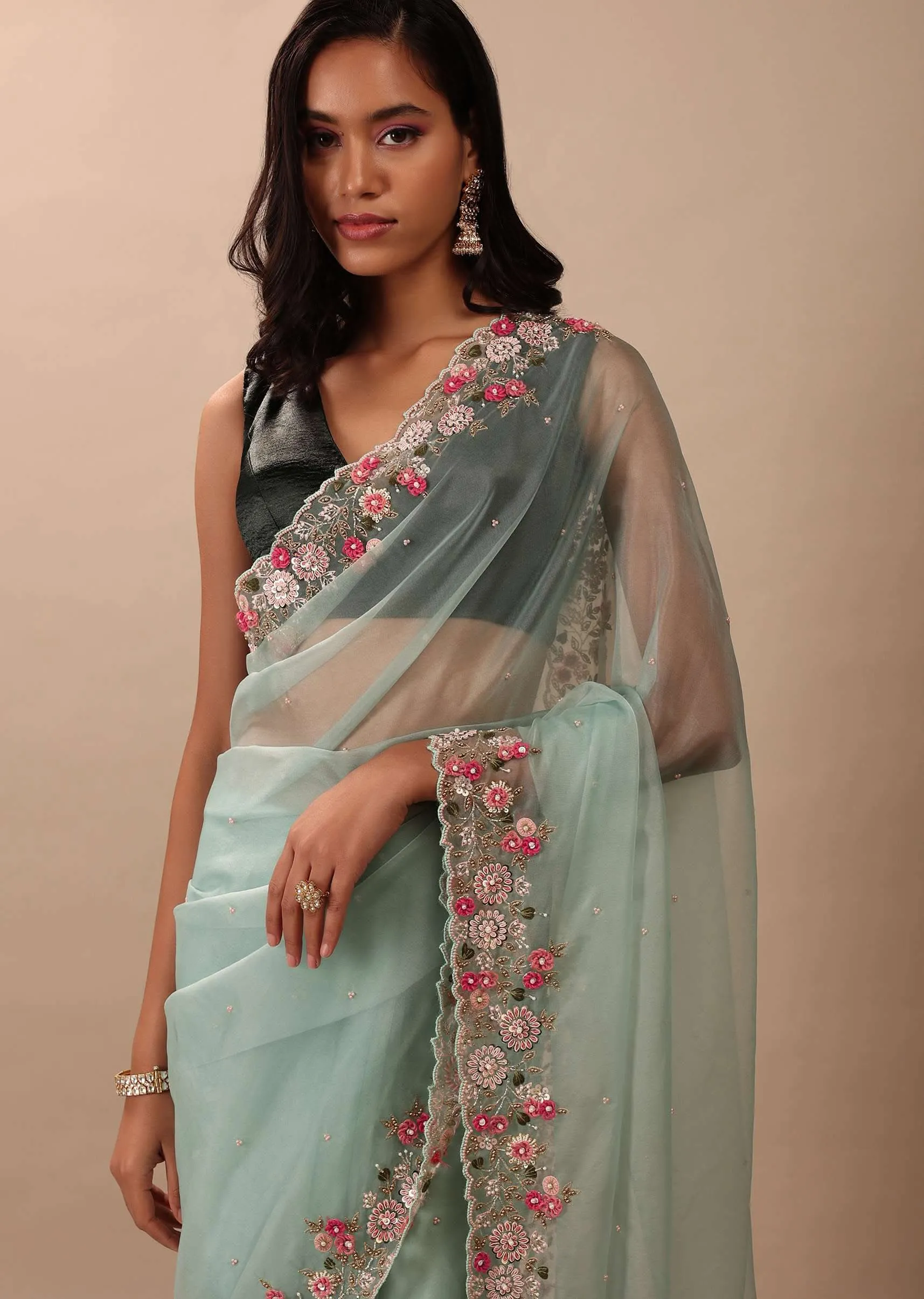Aqua Blue Saree In Organza With 3D Floral Embroidery In Thread, Zardosi & French Knots