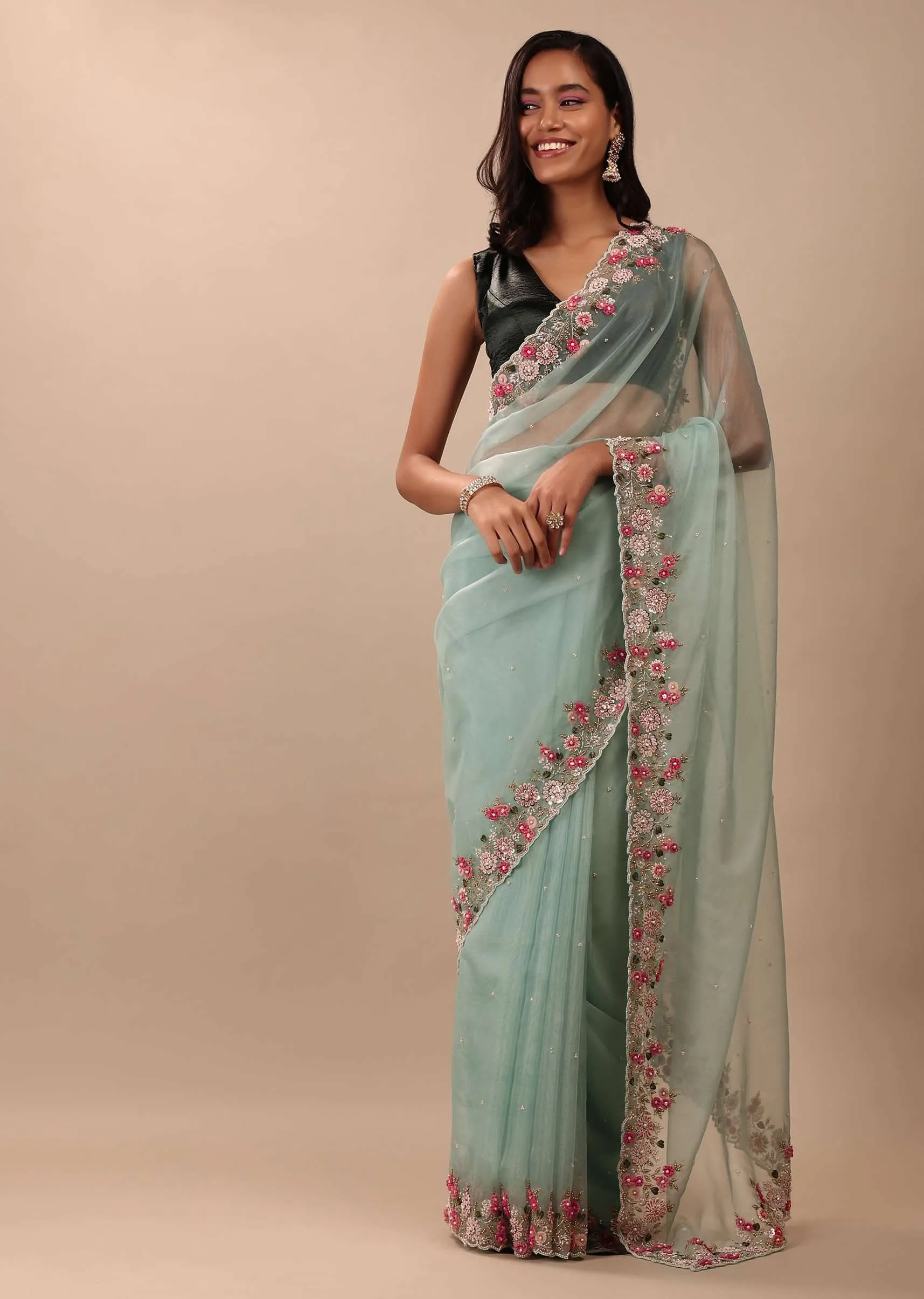 Aqua Blue Saree In Organza With 3D Floral Embroidery In Thread, Zardosi & French Knots