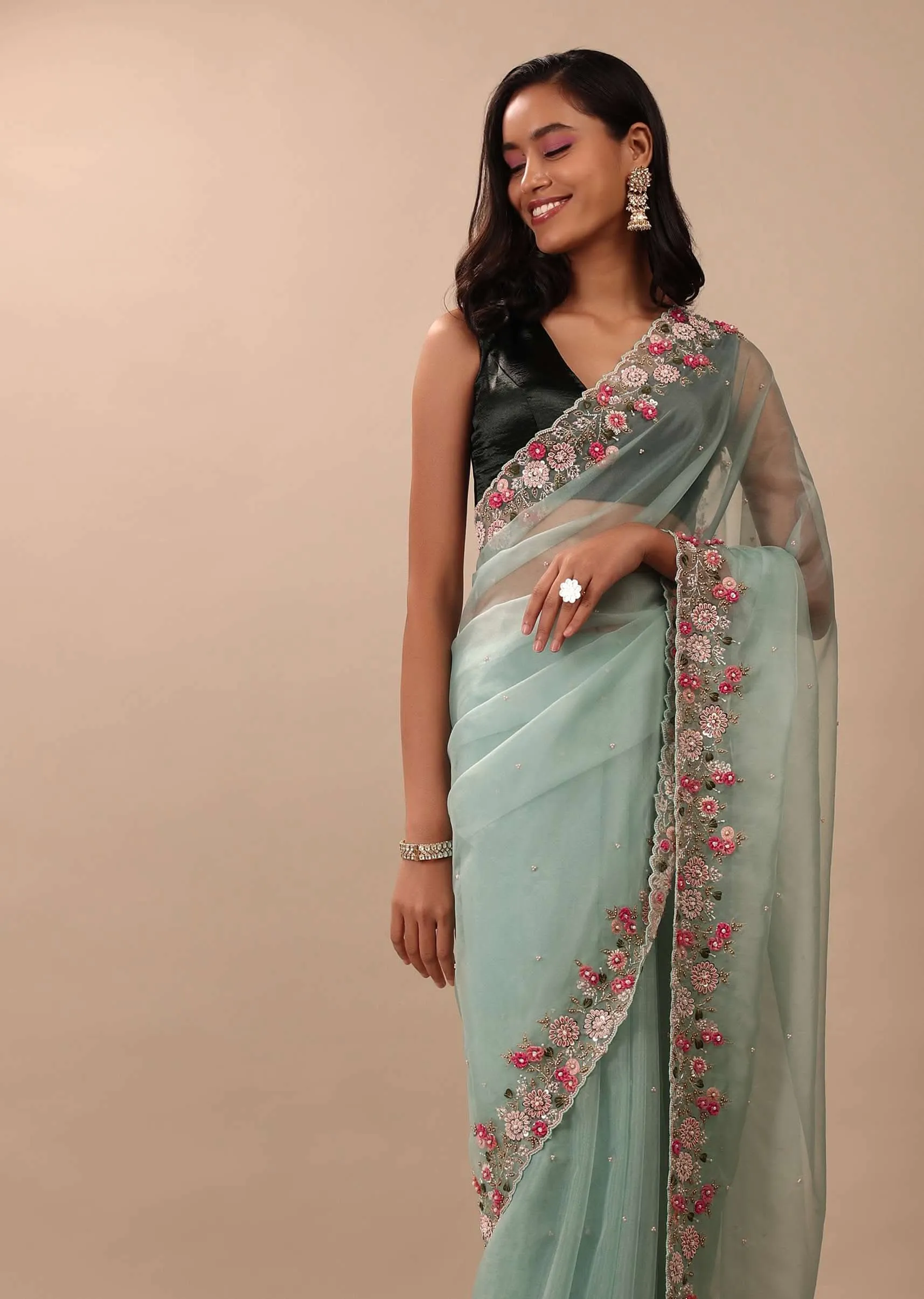 Aqua Blue Saree In Organza With 3D Floral Embroidery In Thread, Zardosi & French Knots