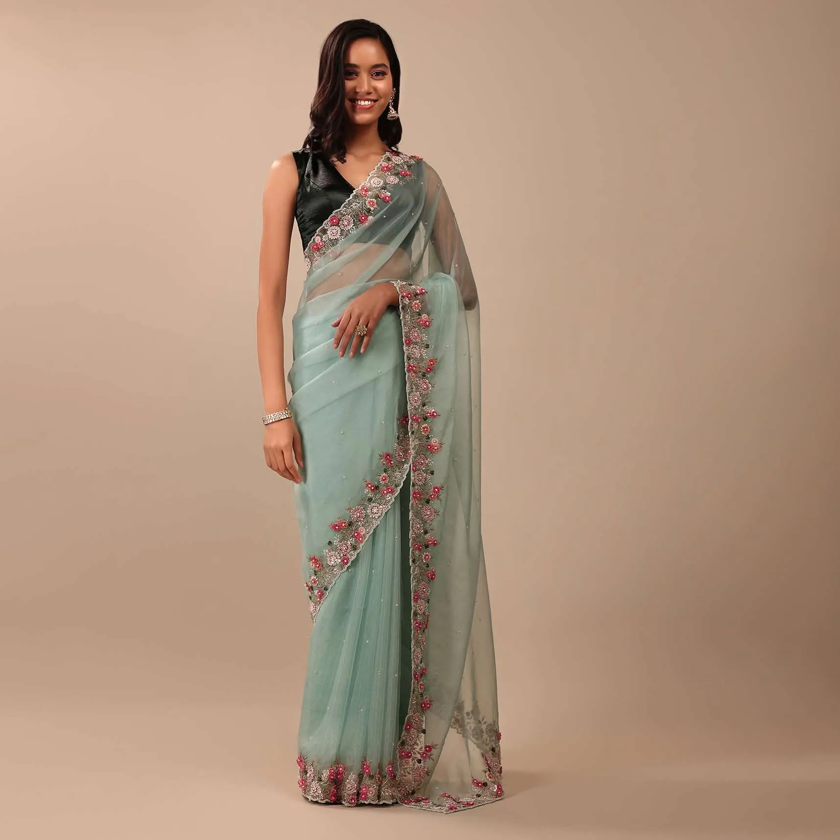 Aqua Blue Saree In Organza With 3D Floral Embroidery In Thread, Zardosi & French Knots