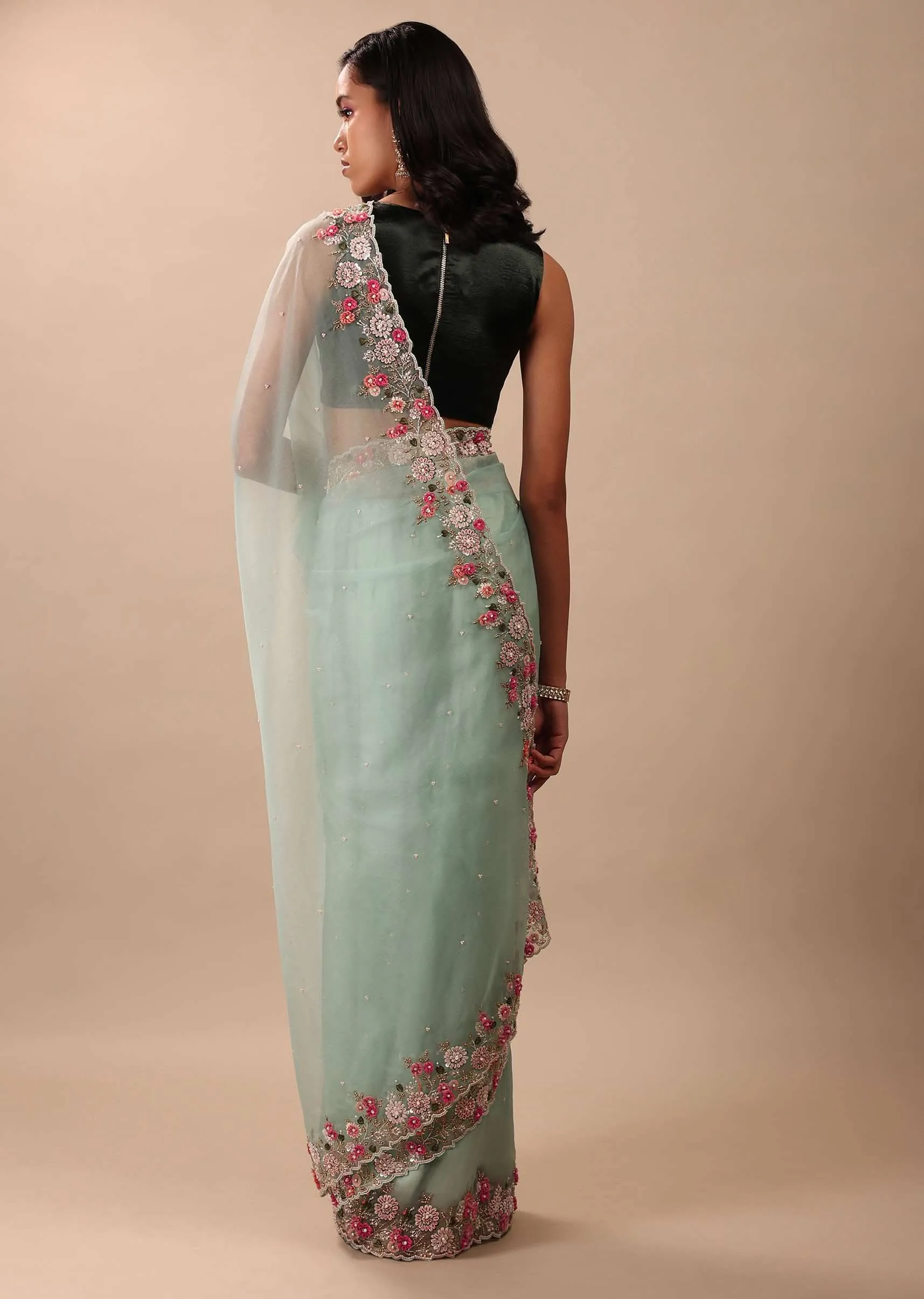 Aqua Blue Saree In Organza With 3D Floral Embroidery In Thread, Zardosi & French Knots