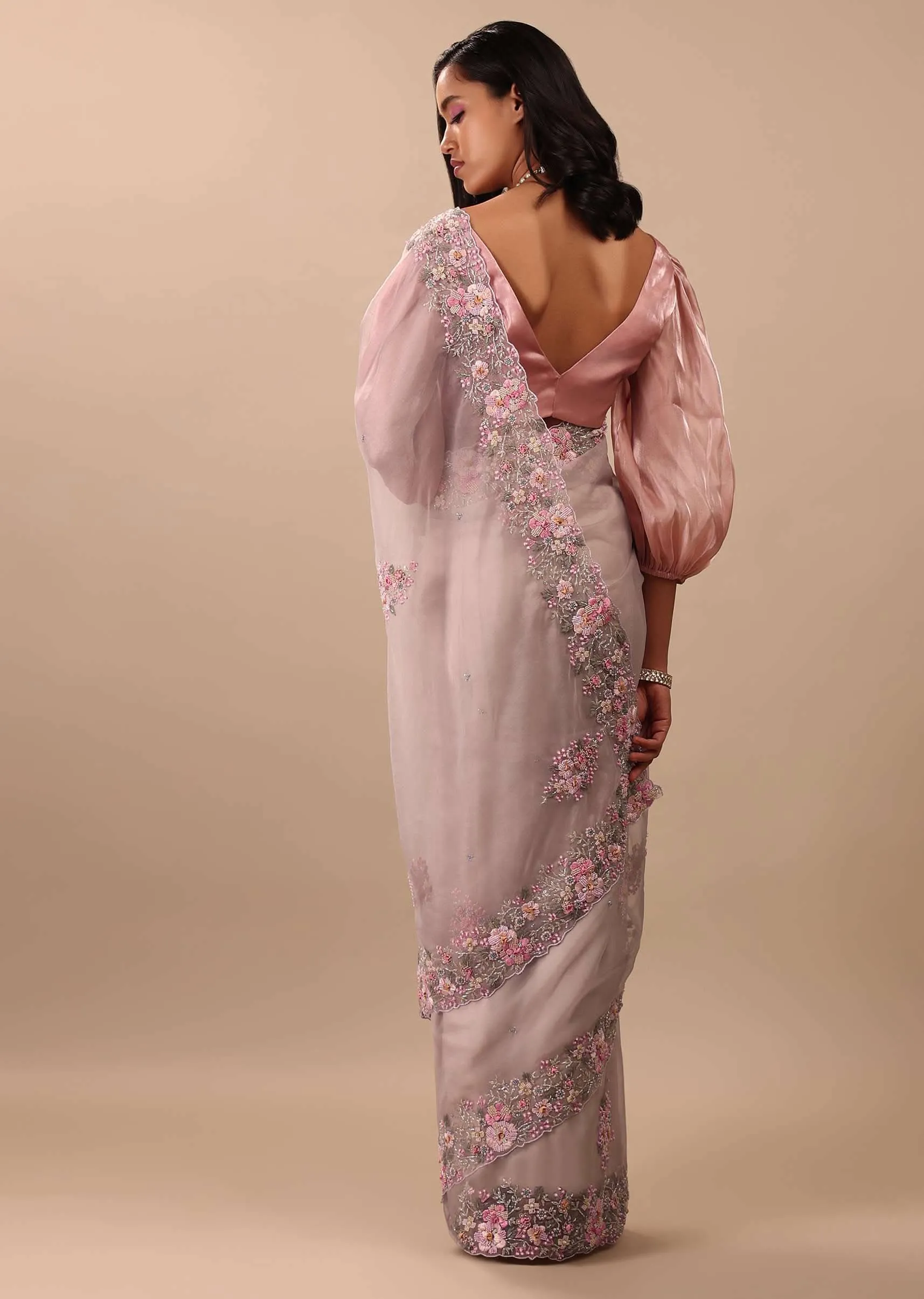 Ash Purple Saree In Organza With Floral Embroidery In Moti, Thread & Cut Dana