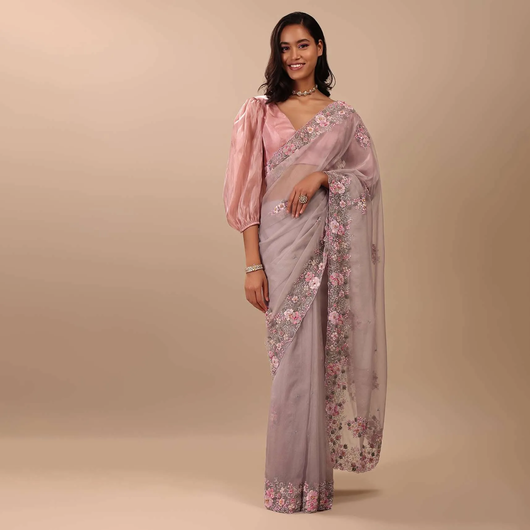 Ash Purple Saree In Organza With Floral Embroidery In Moti, Thread & Cut Dana