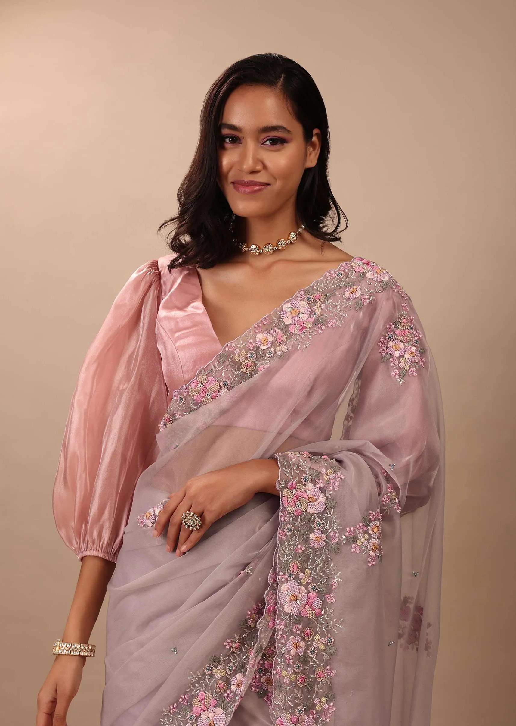 Ash Purple Saree In Organza With Floral Embroidery In Moti, Thread & Cut Dana