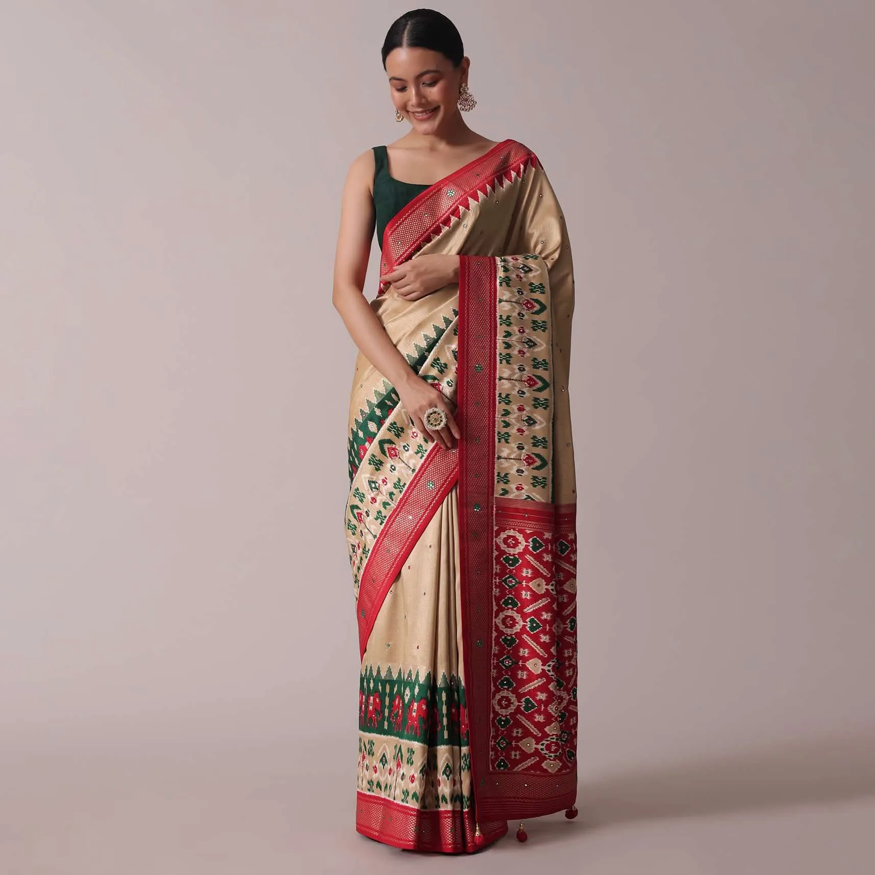 Beige Patola Printed Embroidered Festive Saree In Dola Silk