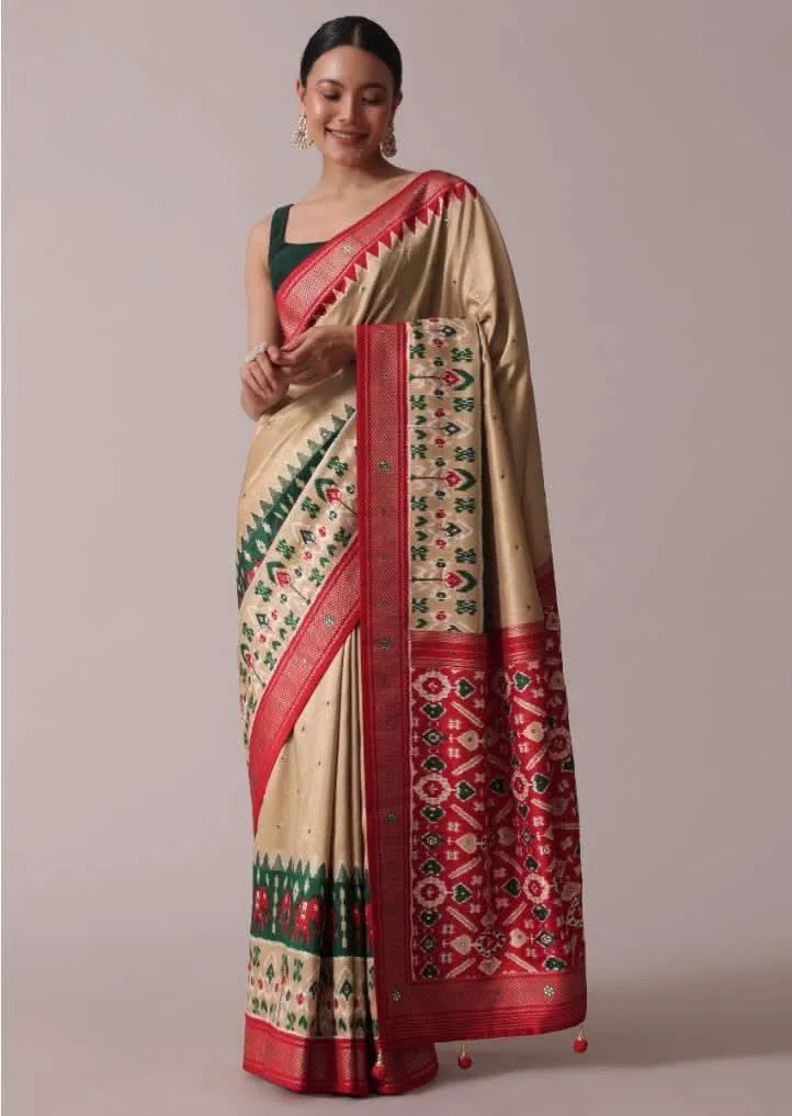 Beige Patola Printed Embroidered Festive Saree In Dola Silk