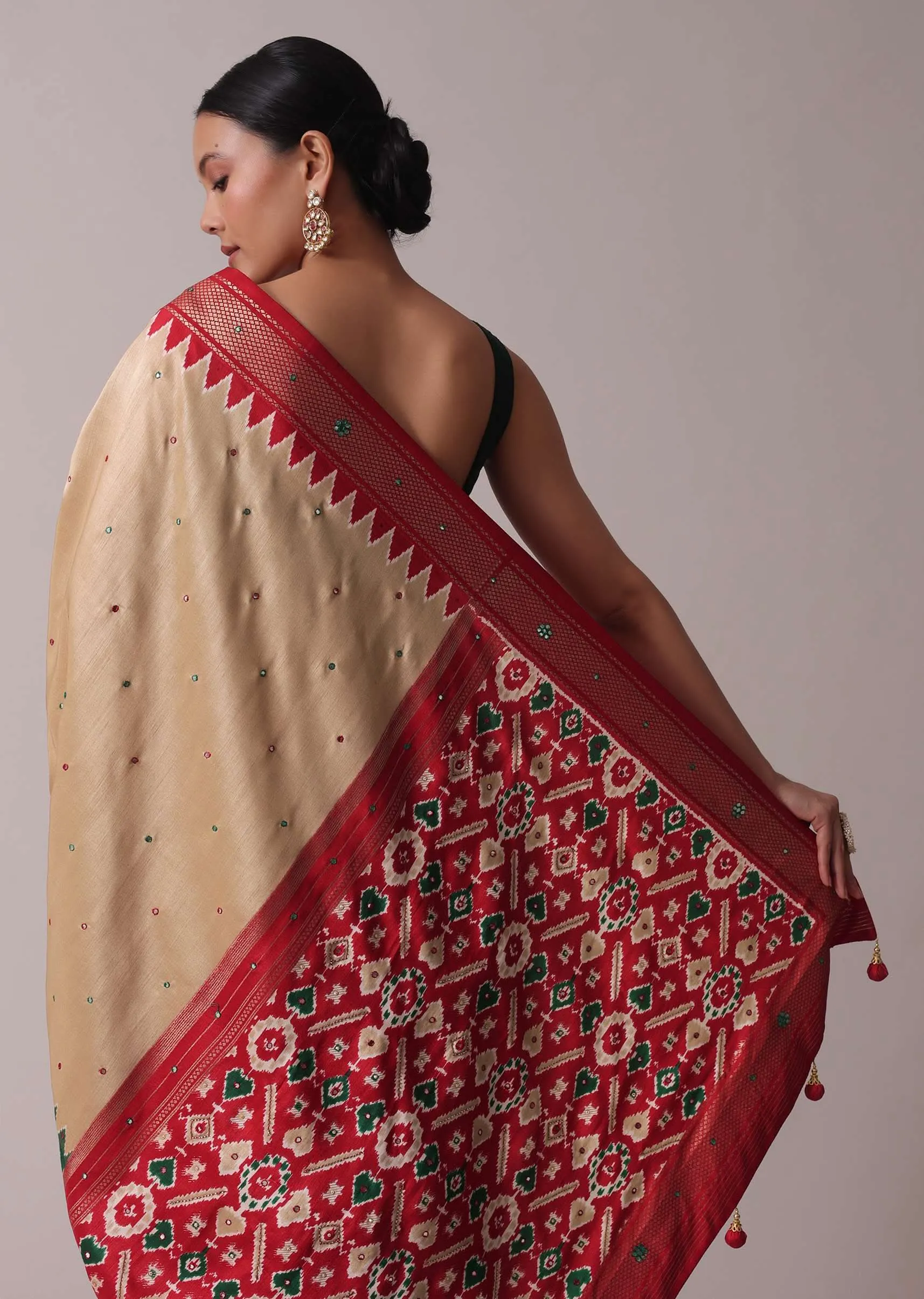 Beige Patola Printed Embroidered Festive Saree In Dola Silk