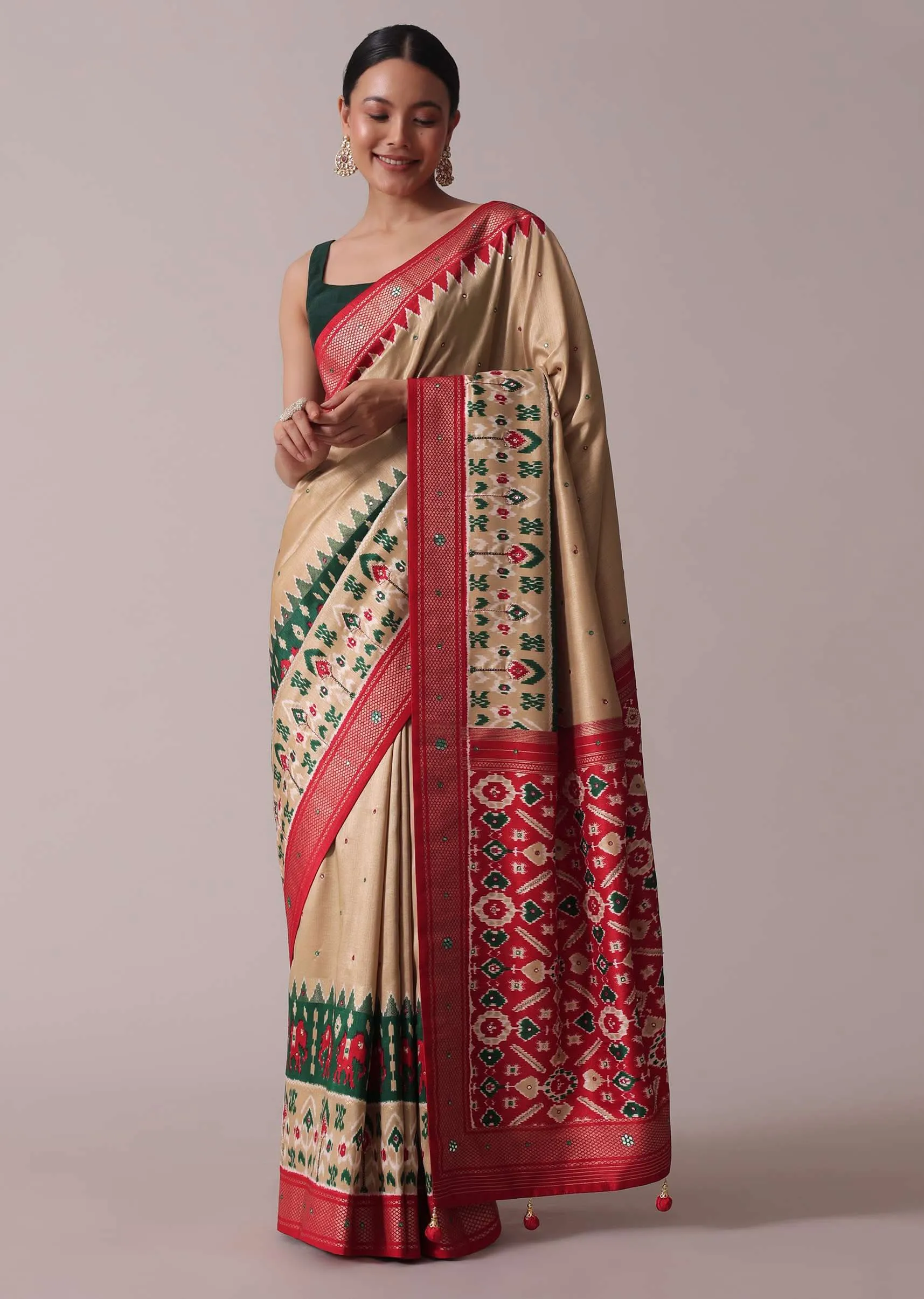 Beige Patola Printed Embroidered Festive Saree In Dola Silk