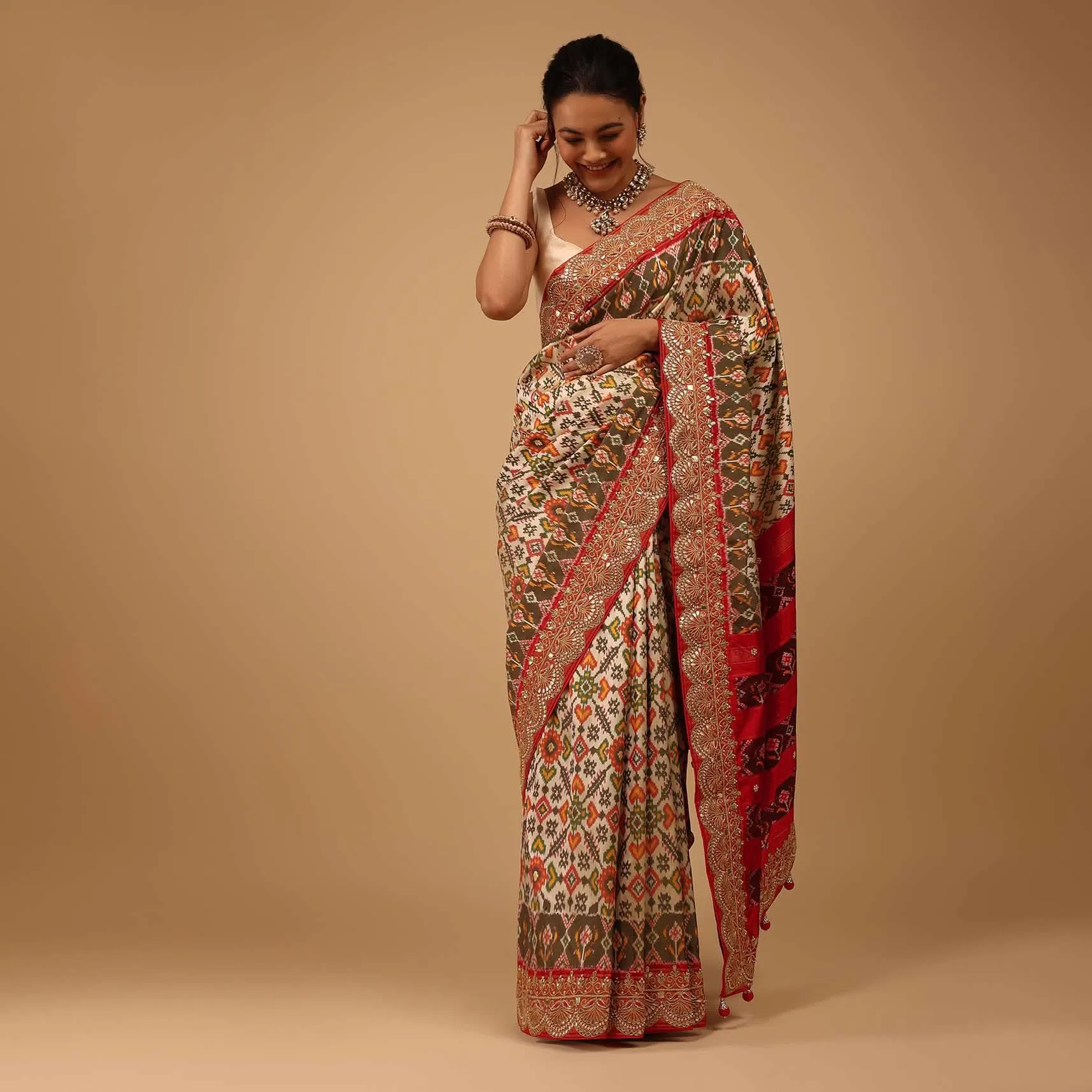 Beige White Saree In Pure Silk With Handloom Patola Ikat Weave
