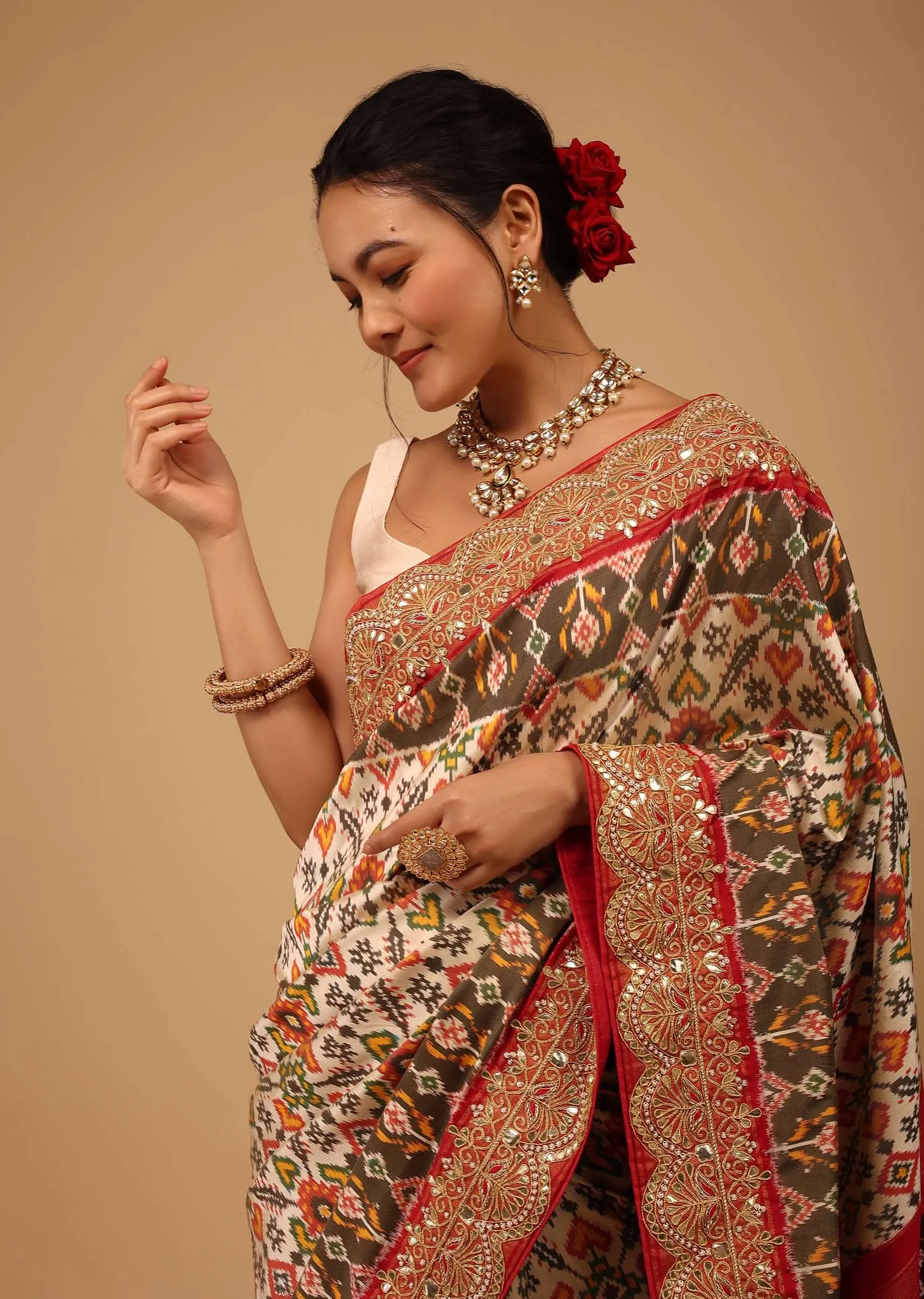 Beige White Saree In Pure Silk With Handloom Patola Ikat Weave