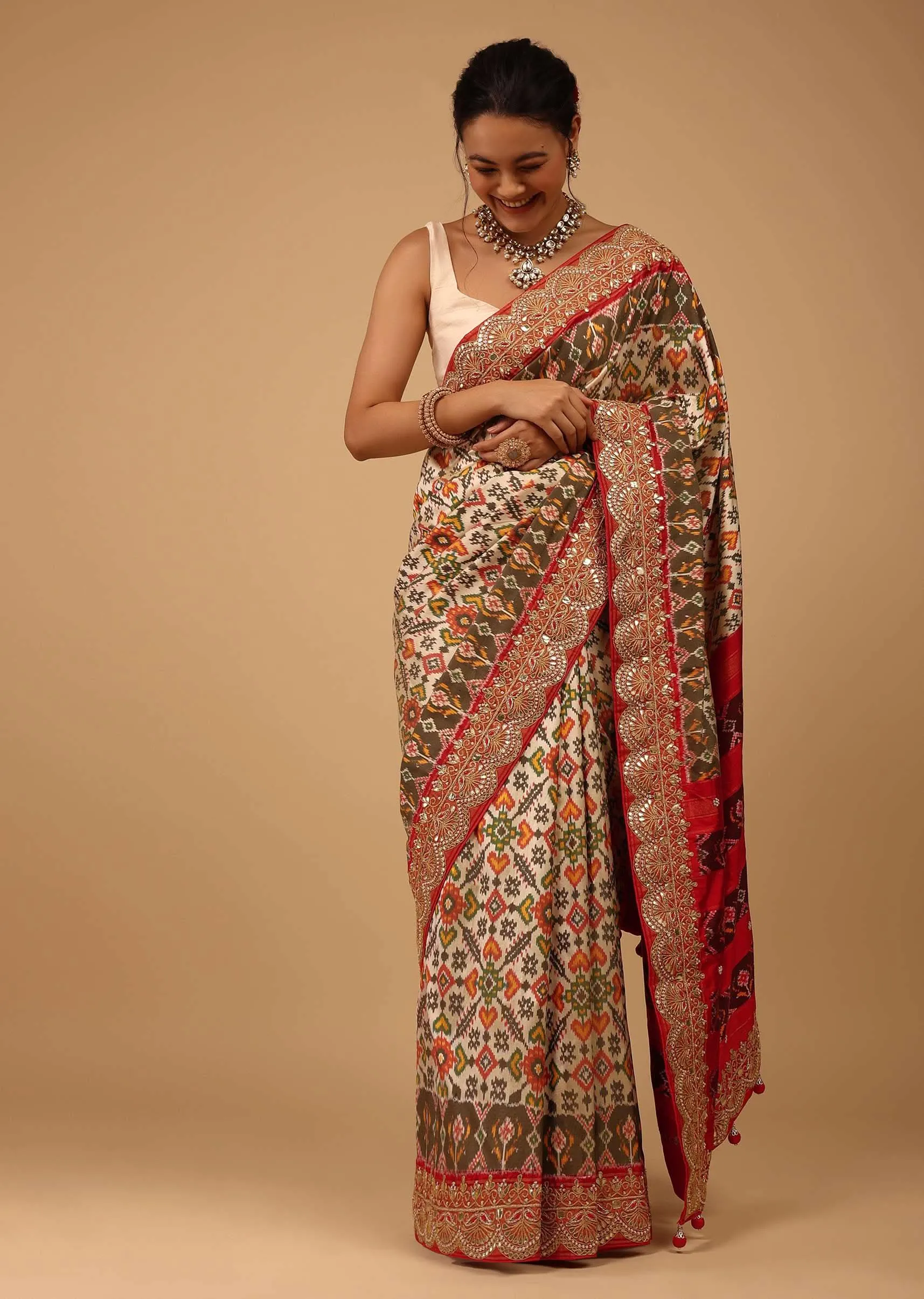 Beige White Saree In Pure Silk With Handloom Patola Ikat Weave