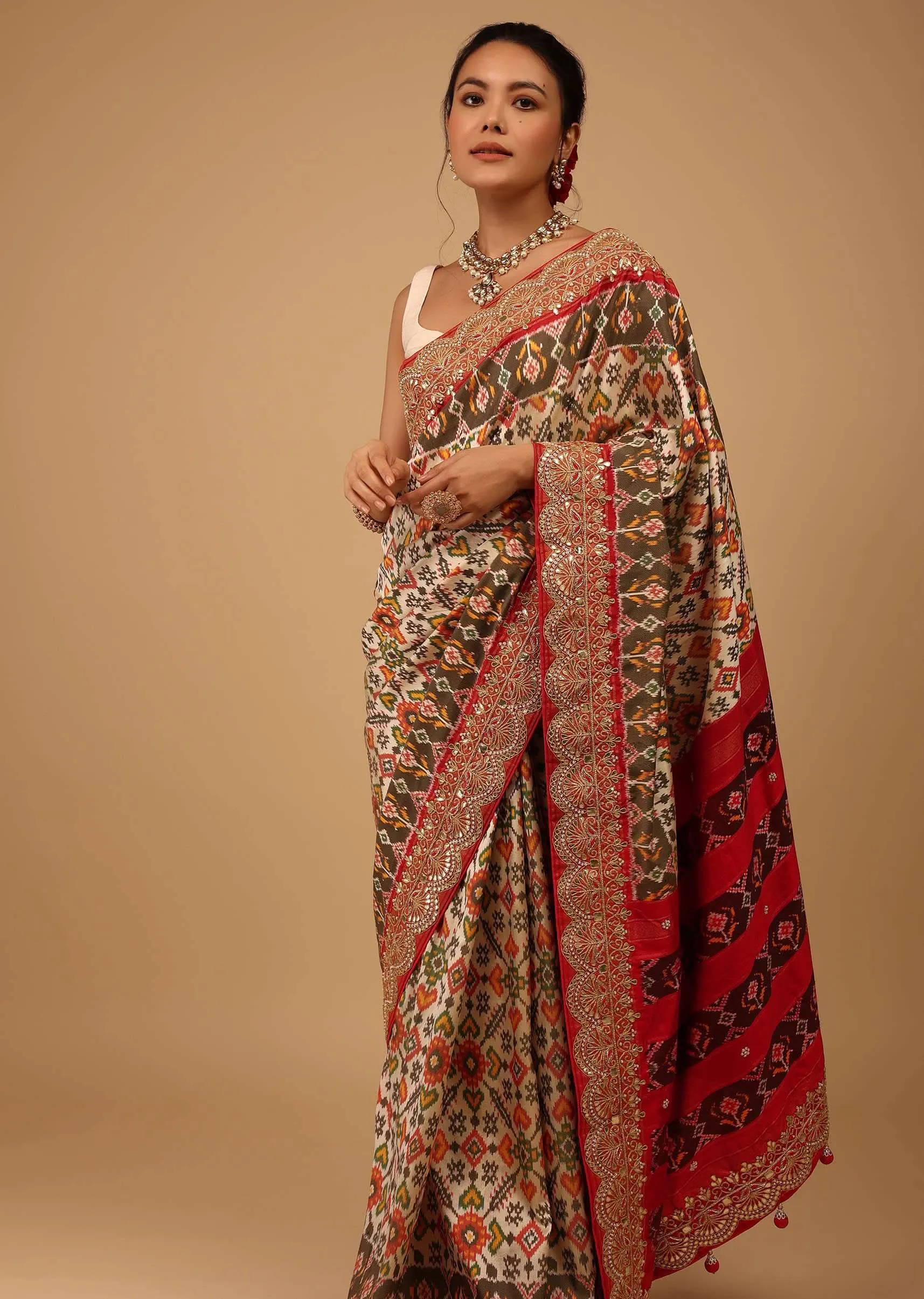 Beige White Saree In Pure Silk With Handloom Patola Ikat Weave