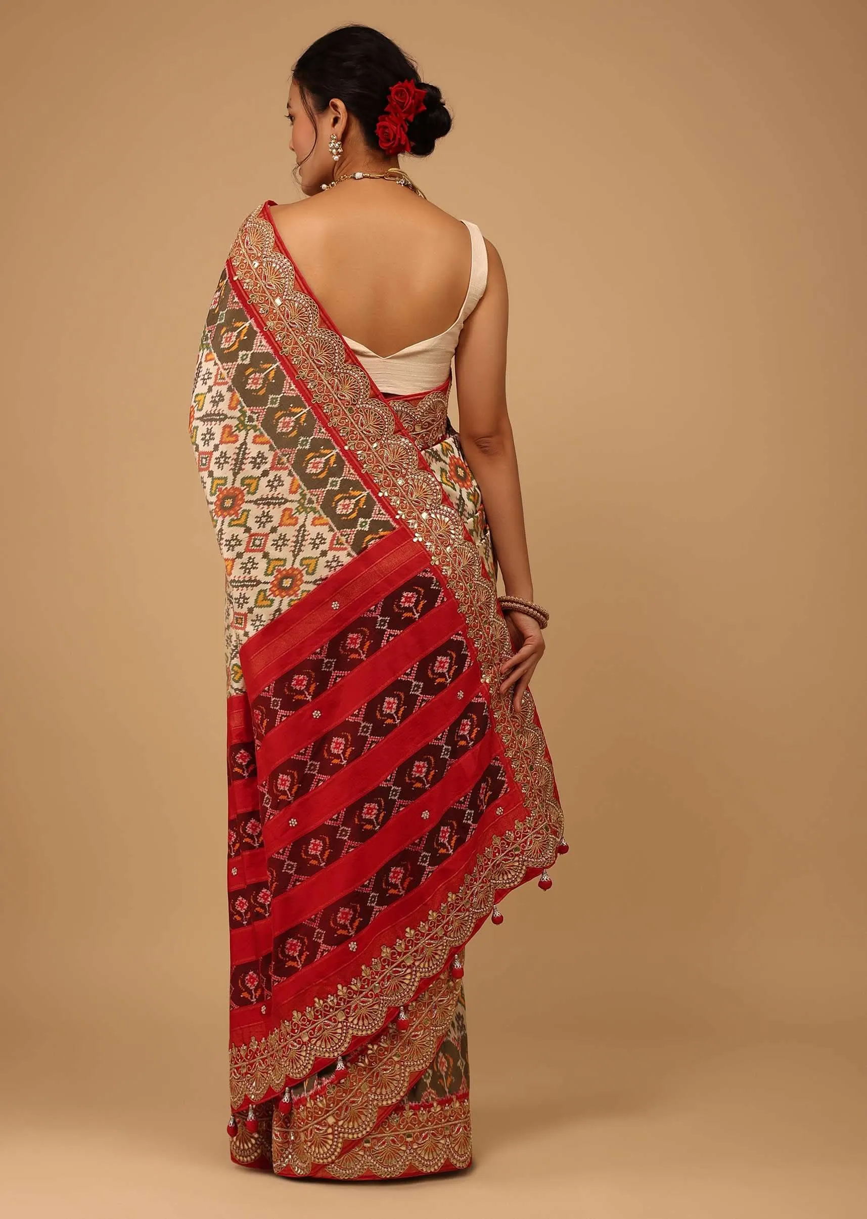 Beige White Saree In Pure Silk With Handloom Patola Ikat Weave