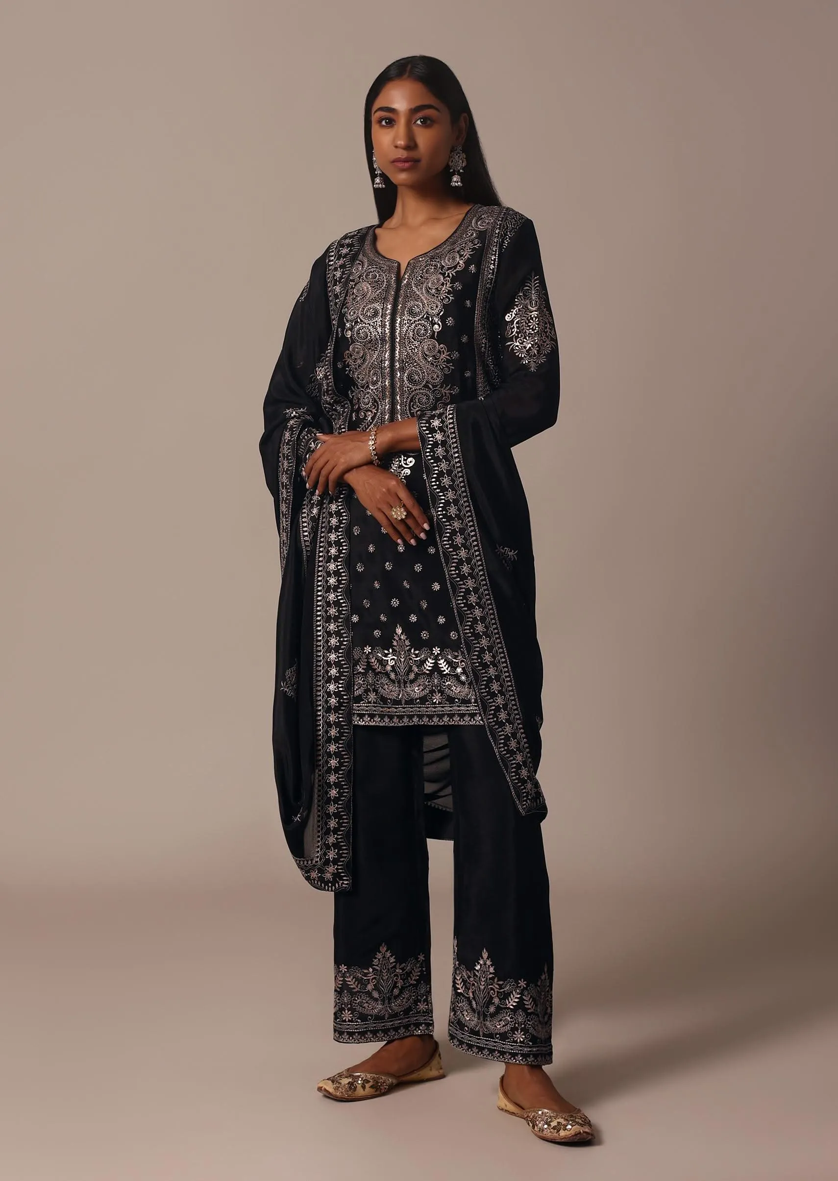 Black Pant Set With Thread And Sequin Work Kurta