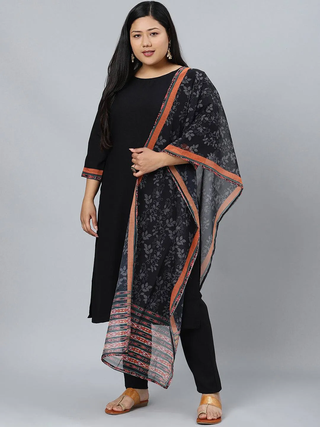 Black Rayon Solid Kurta Palazzo Suit Set with Printed Dupatta