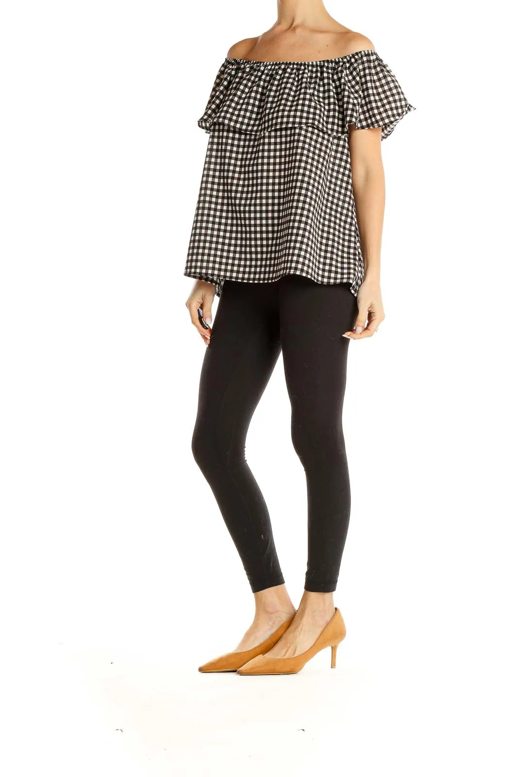 Black White Gingham Off The Shoulder Blouse