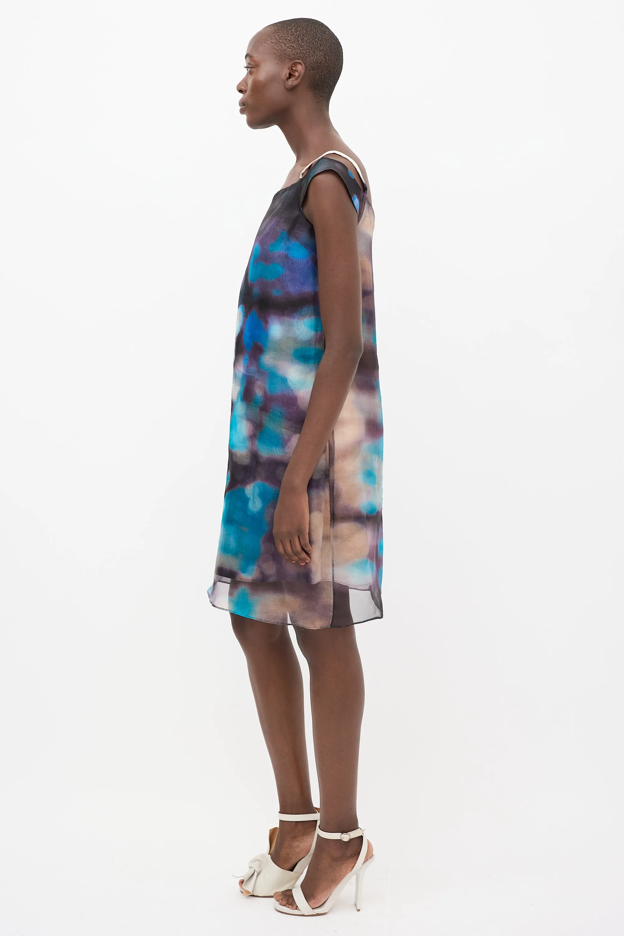 Blue & Multi Silk Asymmetrical Shift Dress