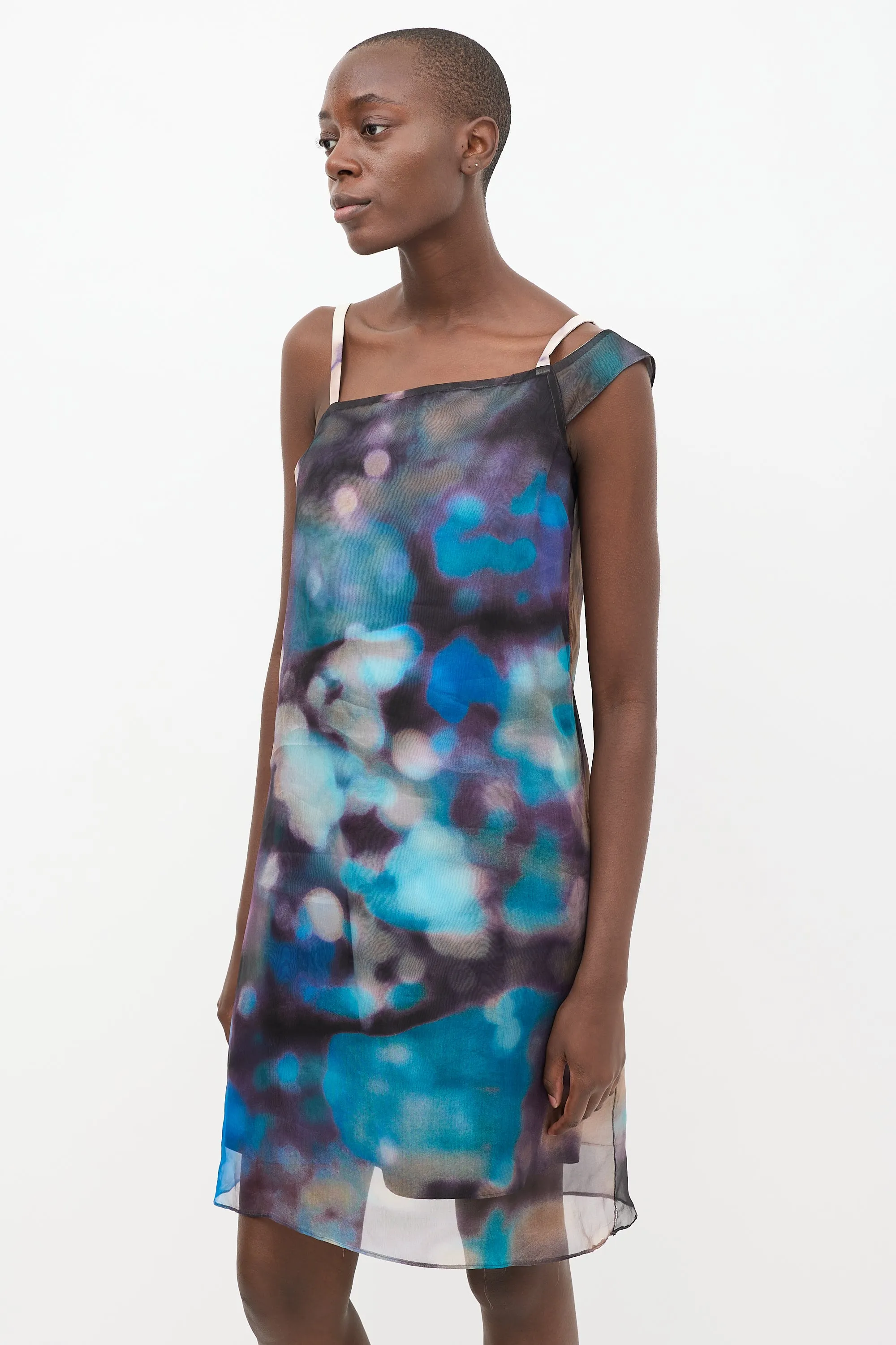 Blue & Multi Silk Asymmetrical Shift Dress