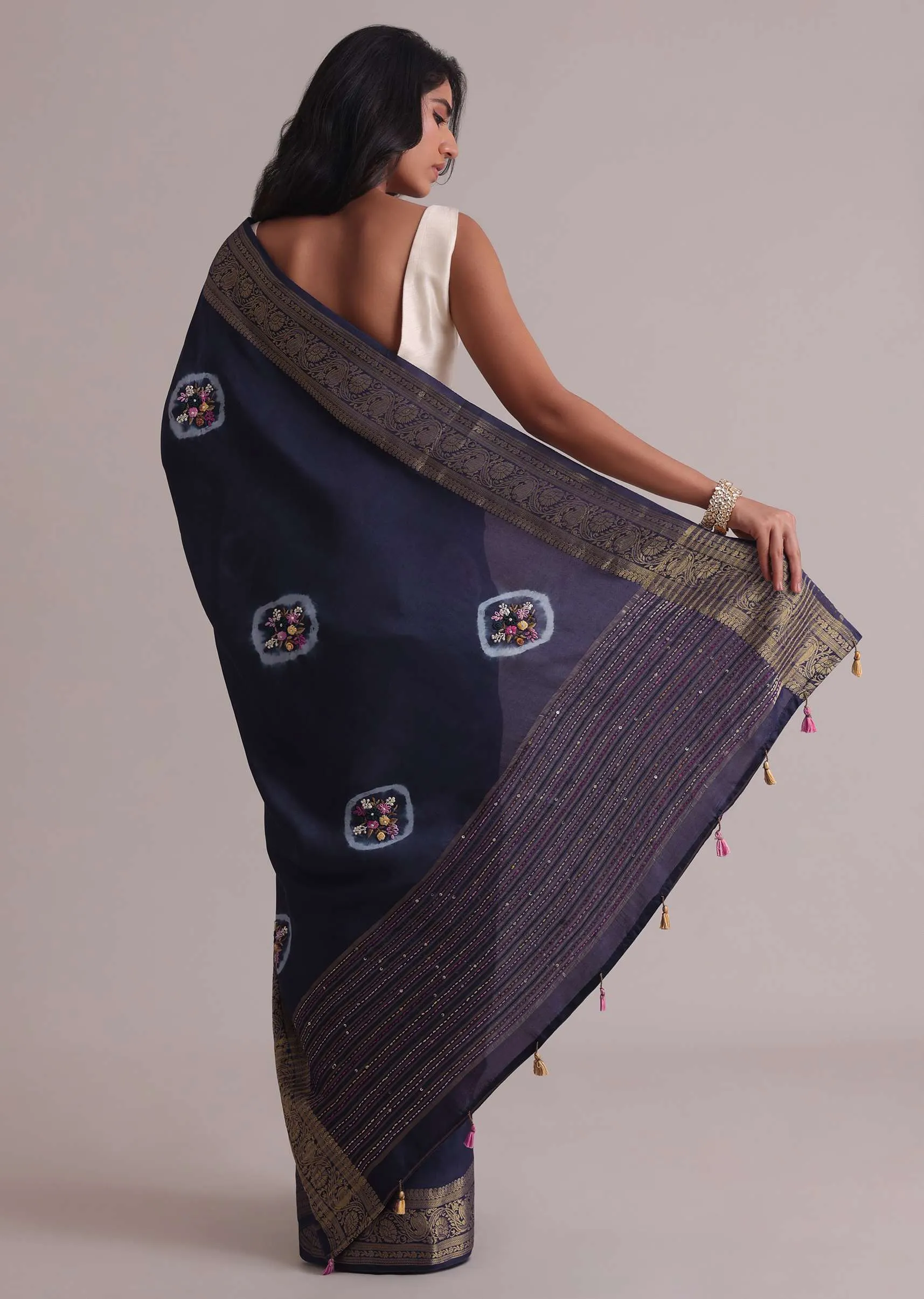 Blue Resham 3D Bud Embroidered Saree With Brocade And Thread Work In Dola Crepe