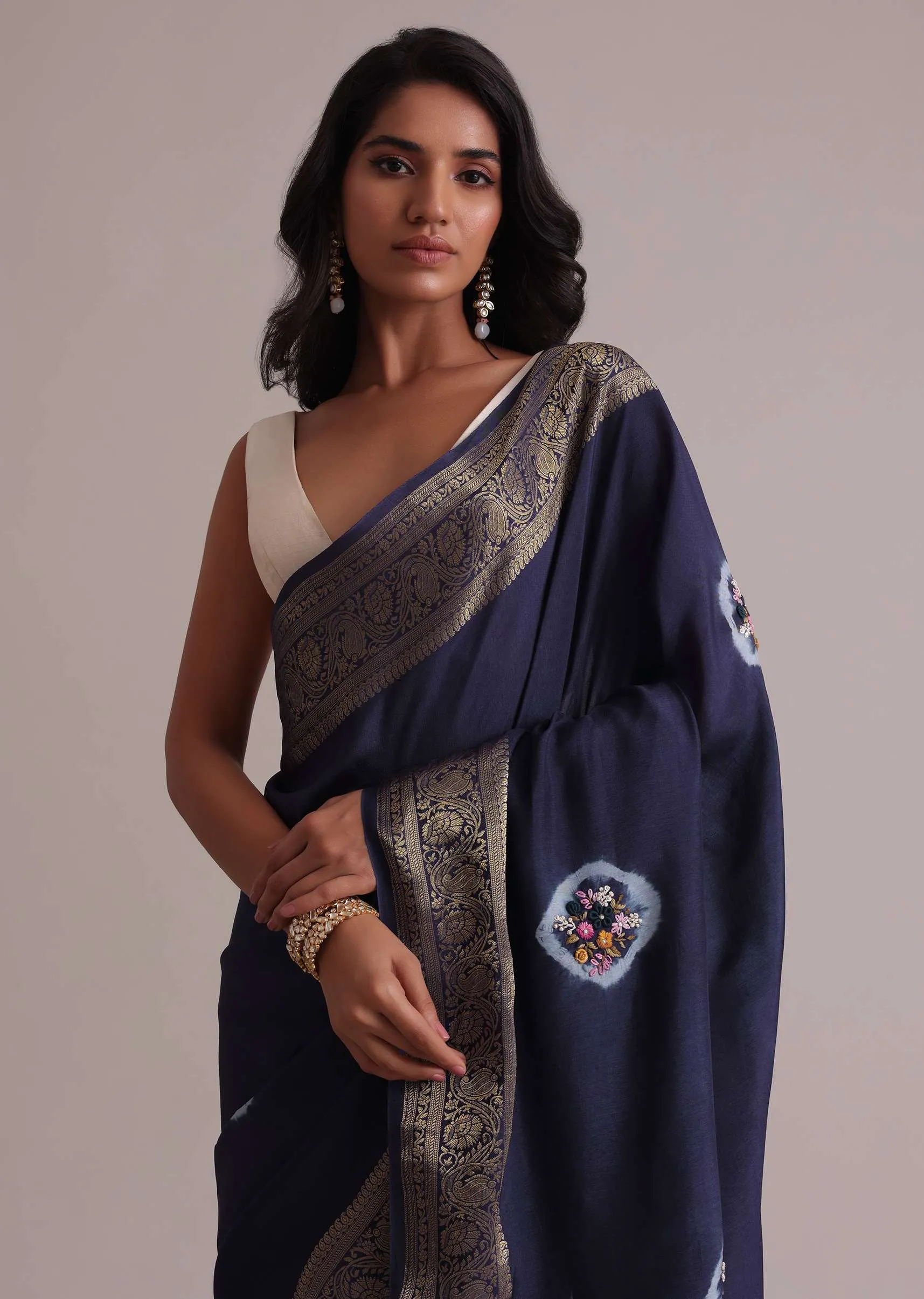 Blue Resham 3D Bud Embroidered Saree With Brocade And Thread Work In Dola Crepe