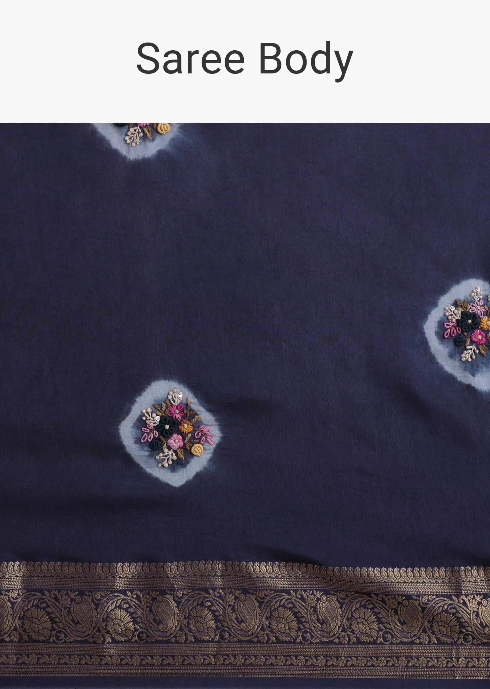 Blue Resham 3D Bud Embroidered Saree With Brocade And Thread Work In Dola Crepe
