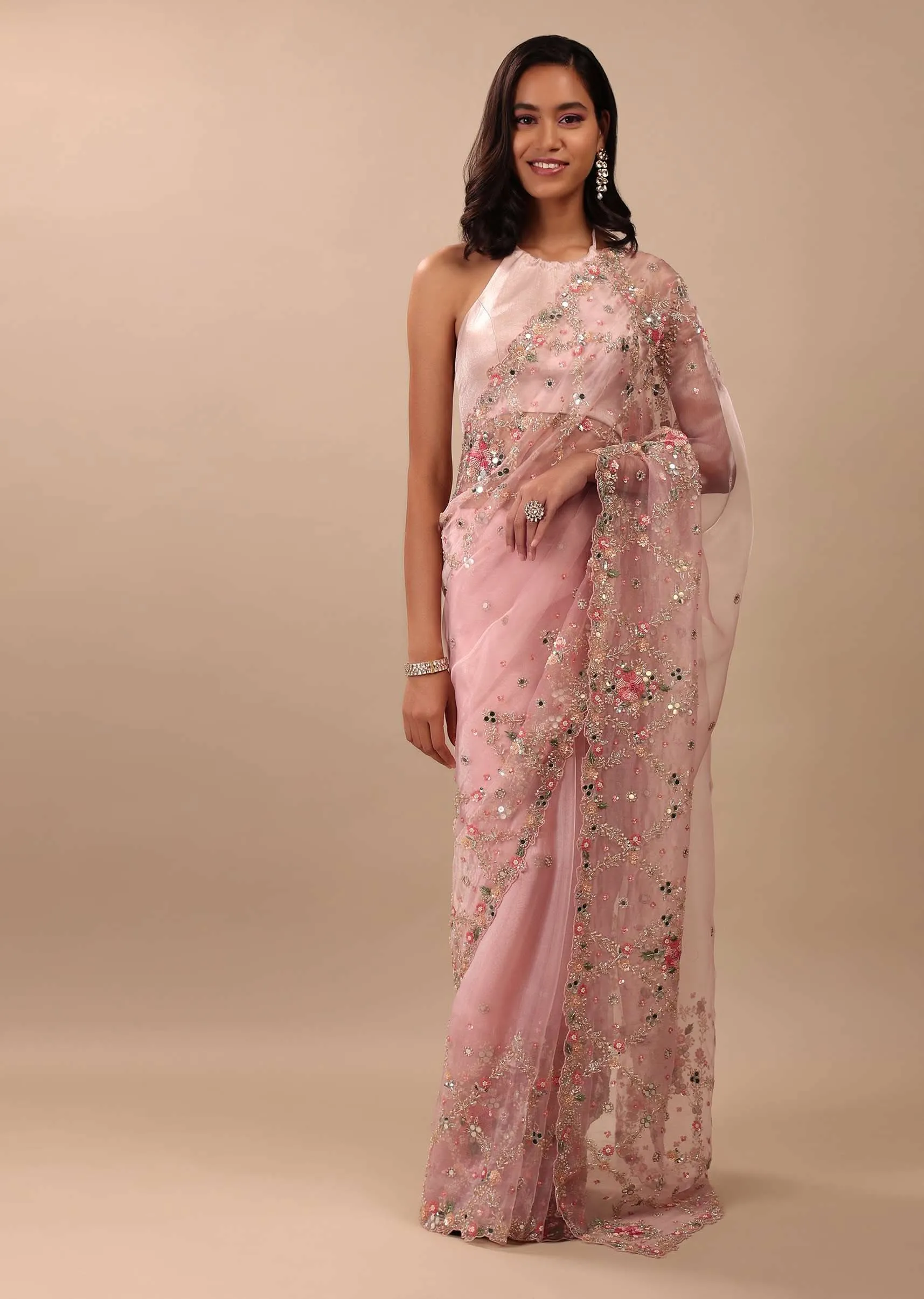Blush Pink Saree In Organza With Floral & Mirror Embroidery