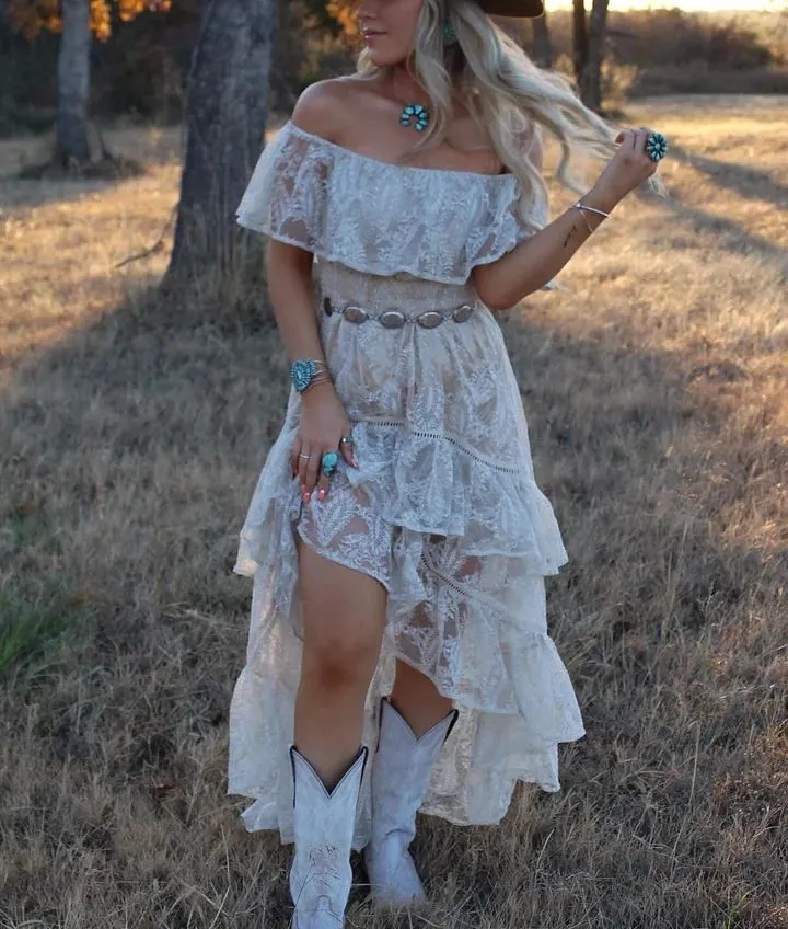 Boho Style Dusty White Lace Party Dress Off The Shoulder Prom Hoco Dress, LTP3295