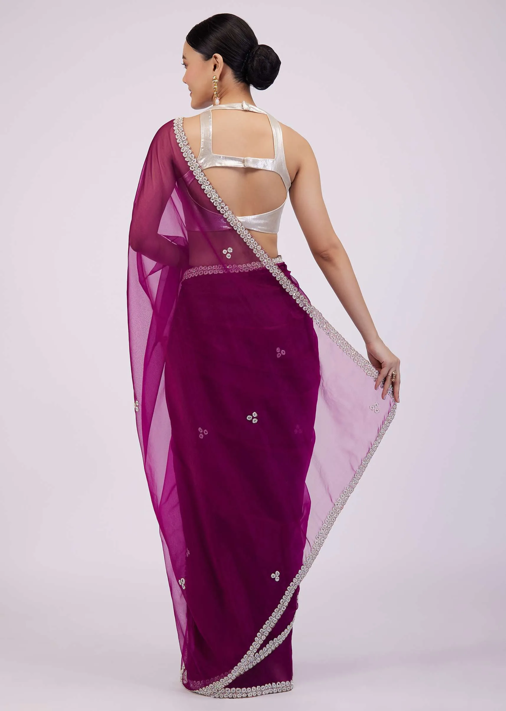 Burgundy Purple Saree In Organza With Embroidery