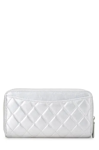 Chanel,  Silver Lambskin Zip Around Wallet, Silver
