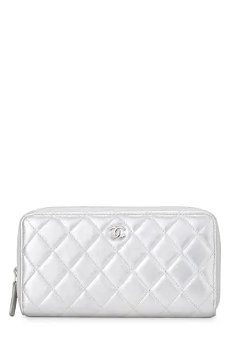Chanel,  Silver Lambskin Zip Around Wallet, Silver