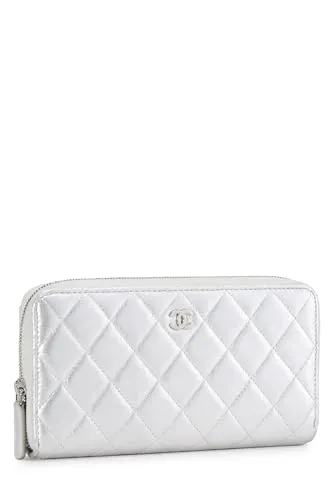 Chanel,  Silver Lambskin Zip Around Wallet, Silver