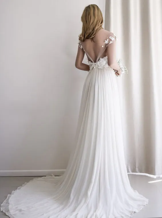 Chiffon Wedding Dresses,Beach Wedding Dress,Off Shoulder Bridal Dress,Floral Bridal Dress,WD00106