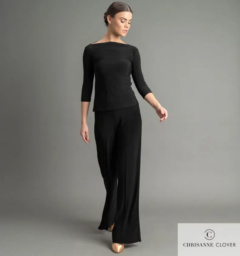 Chrisanne Clover RAYA Black Latin or Ballroom Flared Dance Trousers with Center Back Splits PRA 1050 in Stock