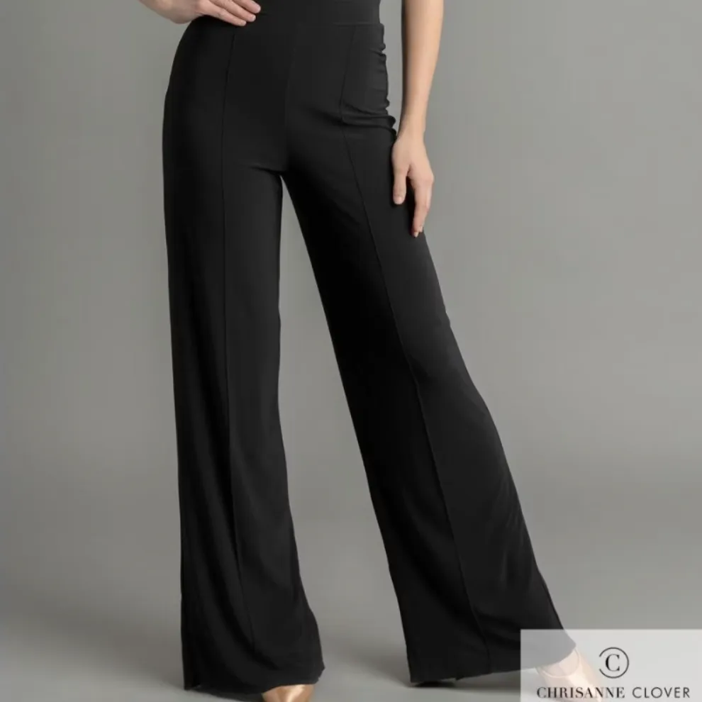 Chrisanne Clover RAYA Black Latin or Ballroom Flared Dance Trousers with Center Back Splits PRA 1050 in Stock