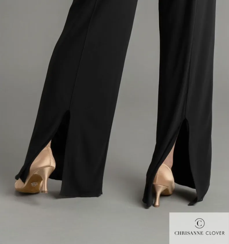 Chrisanne Clover RAYA Black Latin or Ballroom Flared Dance Trousers with Center Back Splits PRA 1050 in Stock