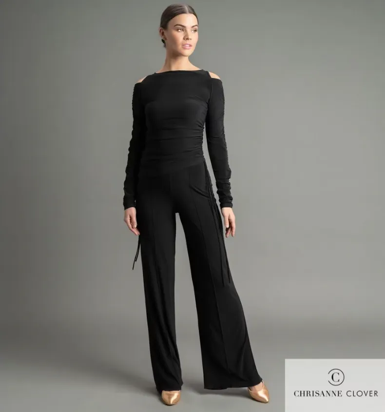 Chrisanne Clover RAYA Black Latin or Ballroom Flared Dance Trousers with Center Back Splits PRA 1050 in Stock
