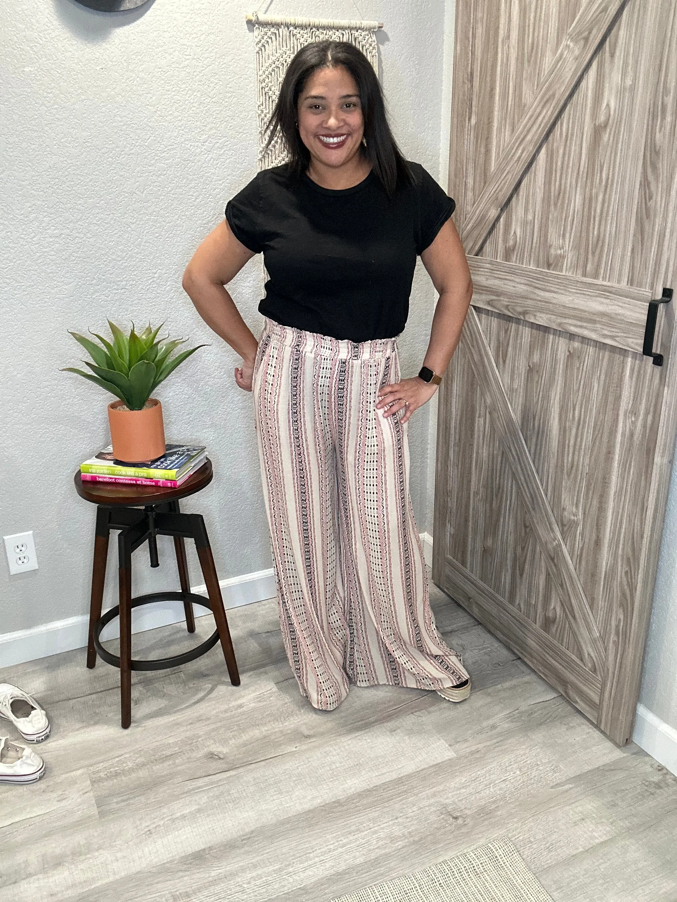 Crinkle Rayon Taupe Print Elastic Waist Flowy Pants