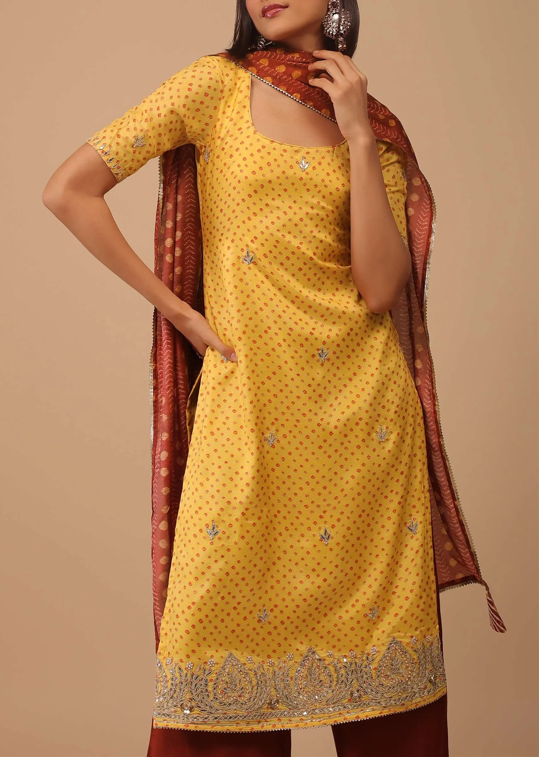 Daffodil Yellow Embroidered Bandhani Printed Cotton Palazzo Suit With Printed Dupatta