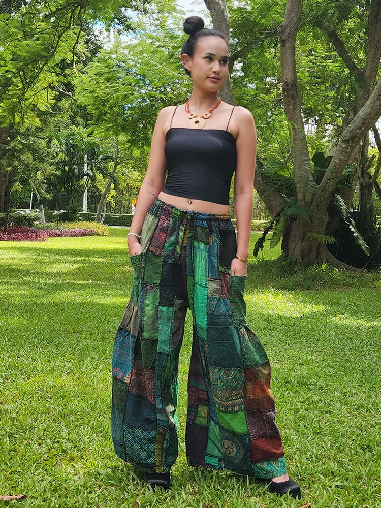 Earthy Brown Patchwork Wide-Leg Palazzo Pants