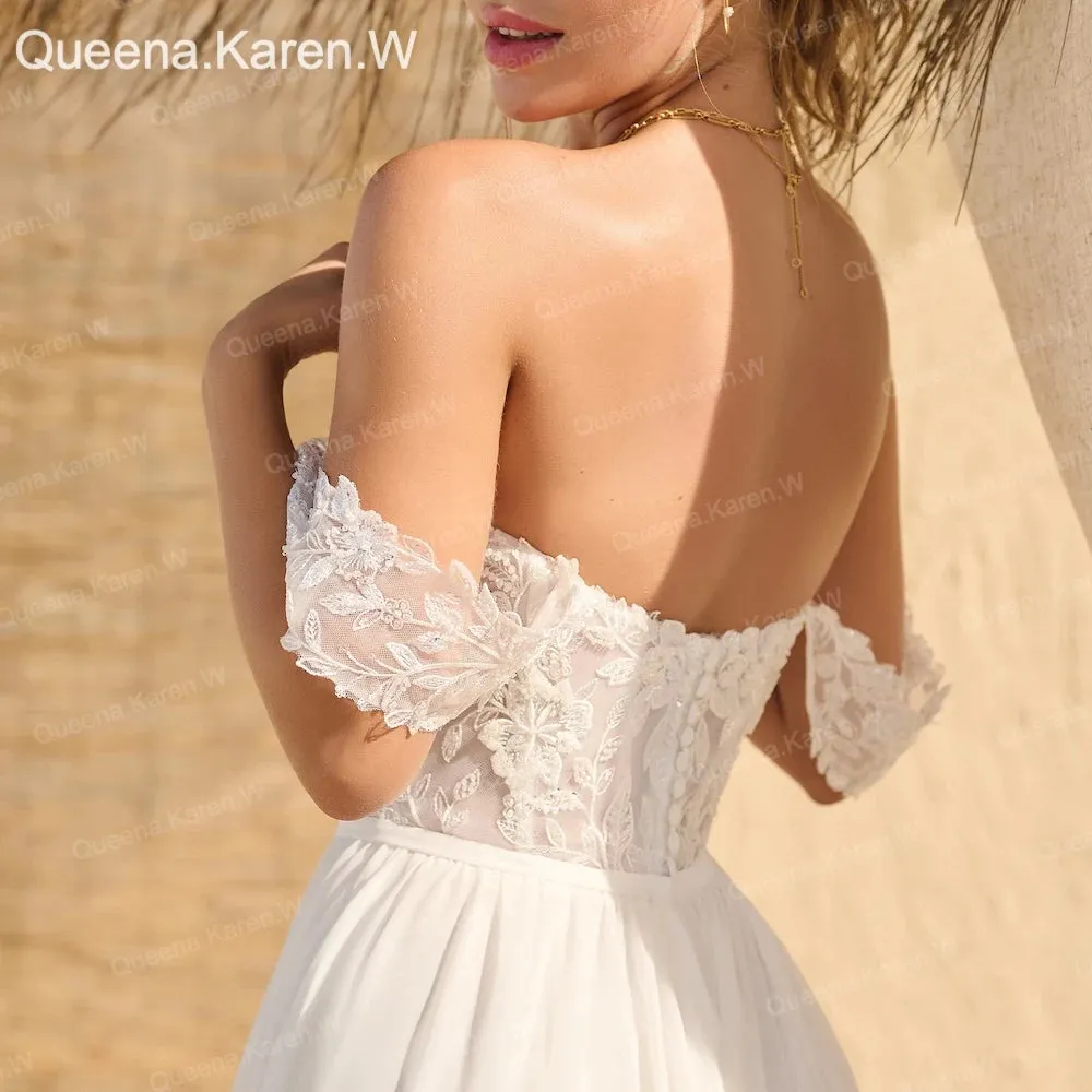 Elegant Boho A line Wedding Dress off-the-shoulder lace chiffon bride dress robe de mariee A line Wedding Bridal Gown