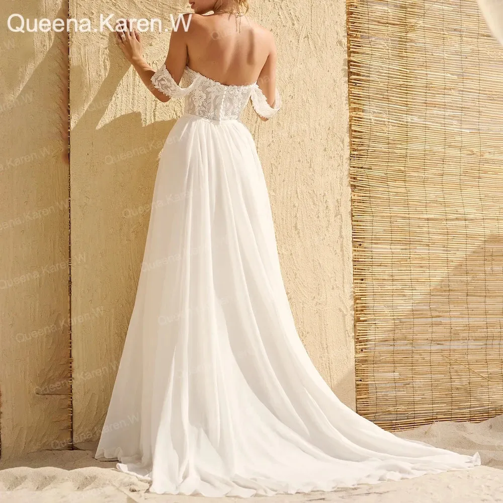 Elegant Boho A line Wedding Dress off-the-shoulder lace chiffon bride dress robe de mariee A line Wedding Bridal Gown