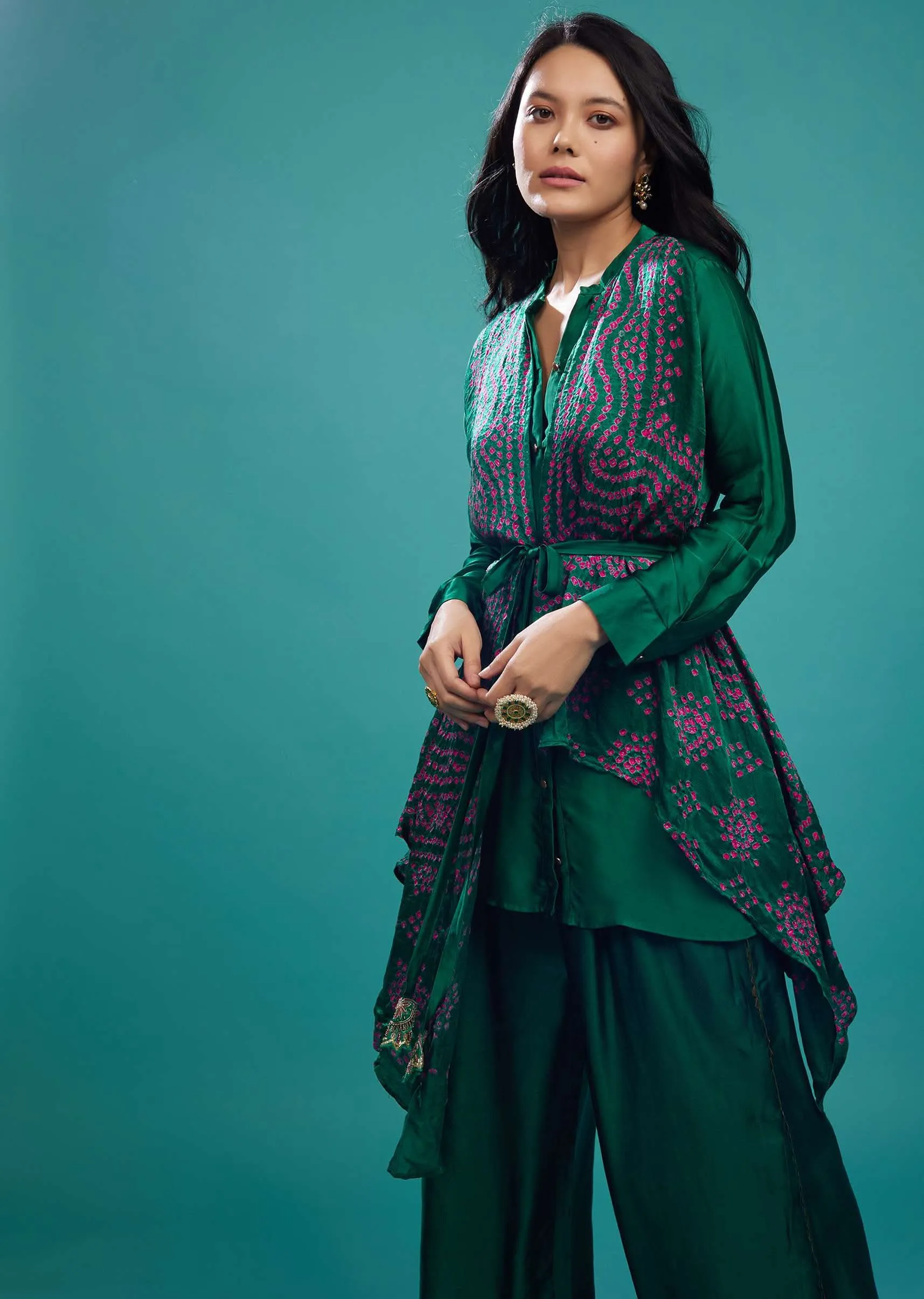 Emerald Green Bandhani Top & Palazzo In Gajji Silk