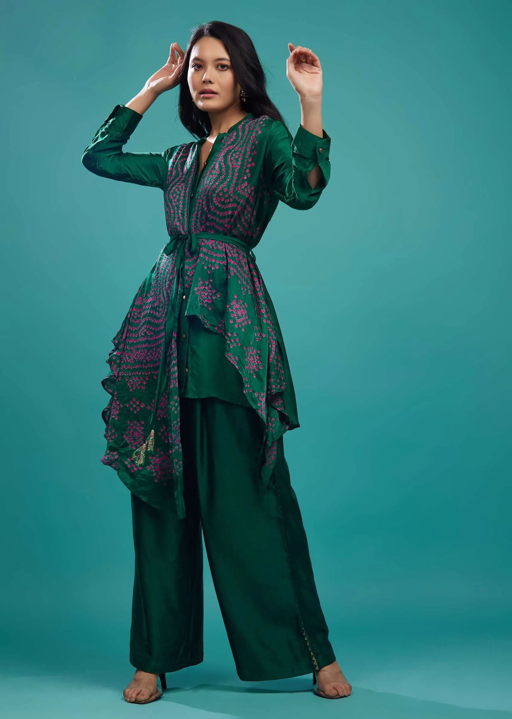 Emerald Green Bandhani Top & Palazzo In Gajji Silk