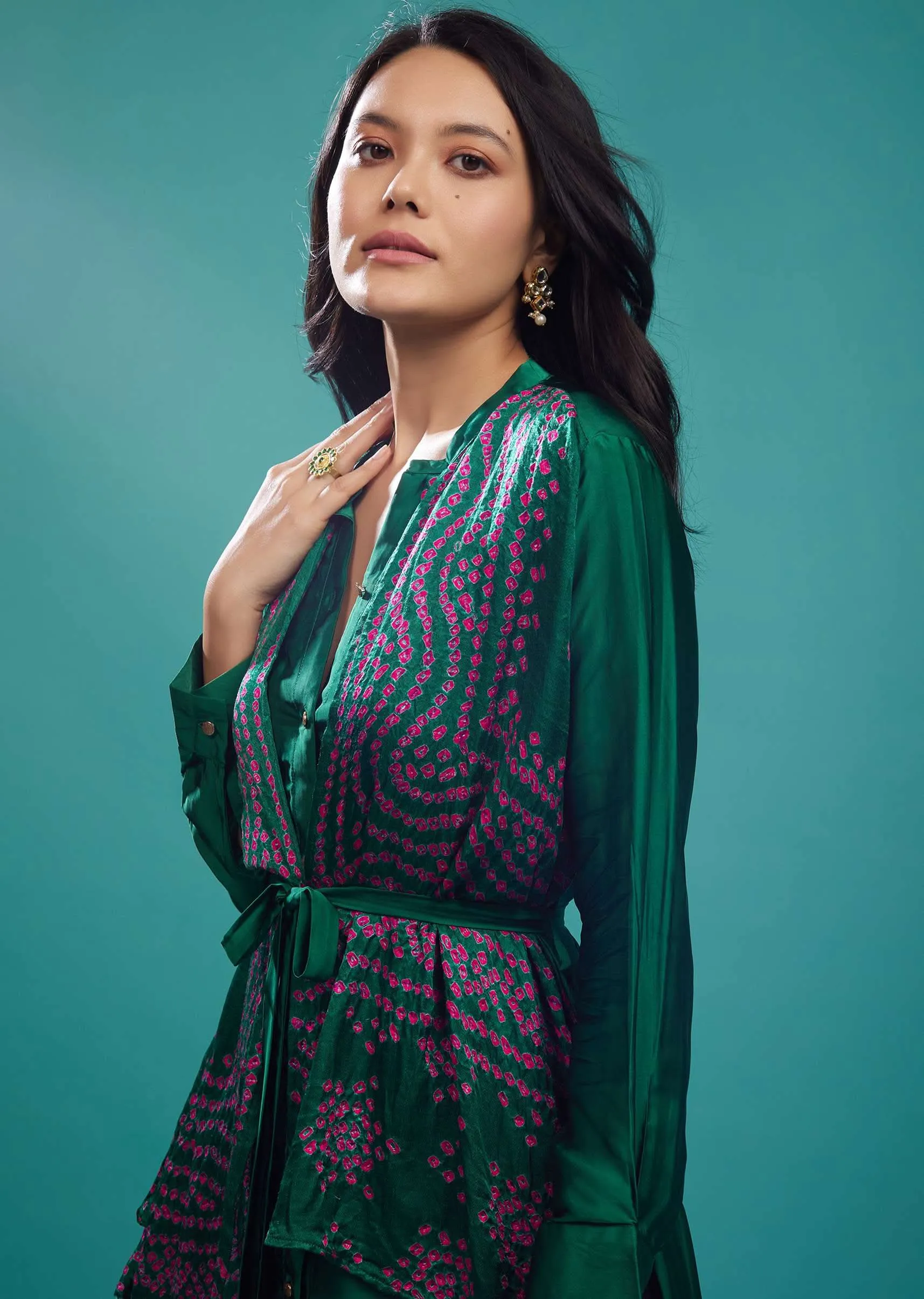 Emerald Green Bandhani Top & Palazzo In Gajji Silk