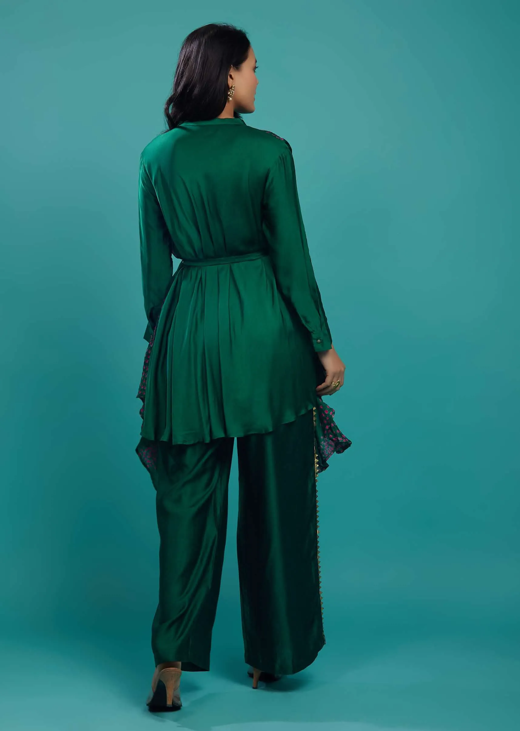 Emerald Green Bandhani Top & Palazzo In Gajji Silk