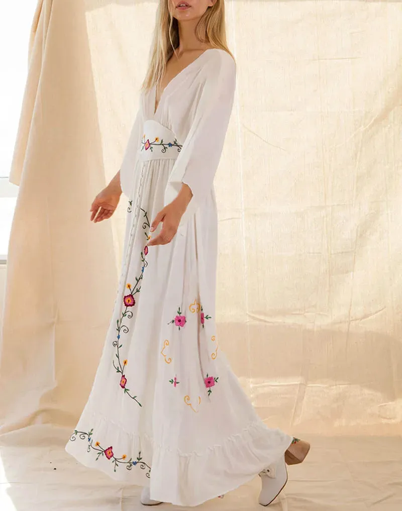 FashionSierra-Long Sleeve Deep V-neck Maxi Women Vintage Rayon Embroidered White Autumn Vestidos 2024 Casual Long Robe Boho Dress